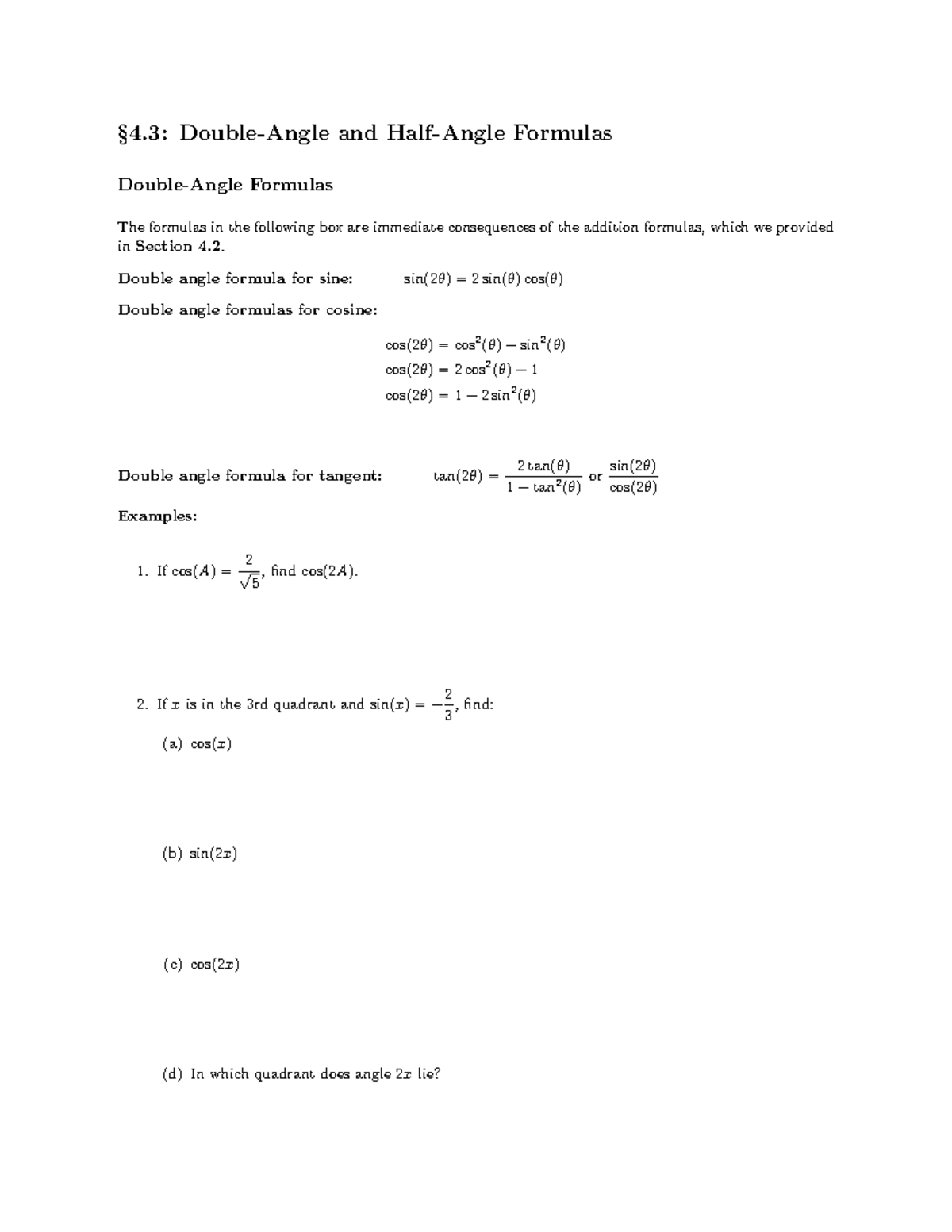 4.3 Summary - Lecture Notes for Exam 3 on Trigonometric Formulas - Studocu