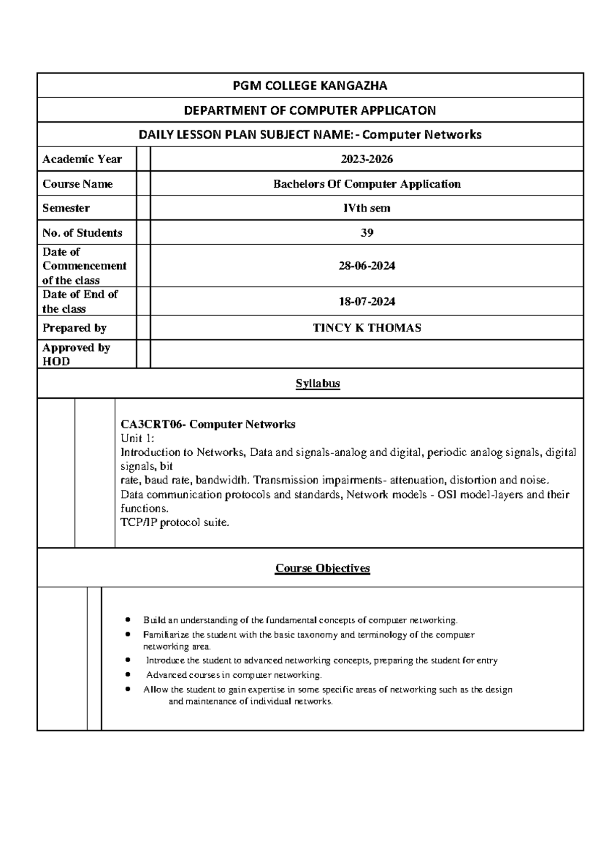 Daily Lesson Plan for CA3CRT06 - Computer Networks (Sem IV) - Studocu