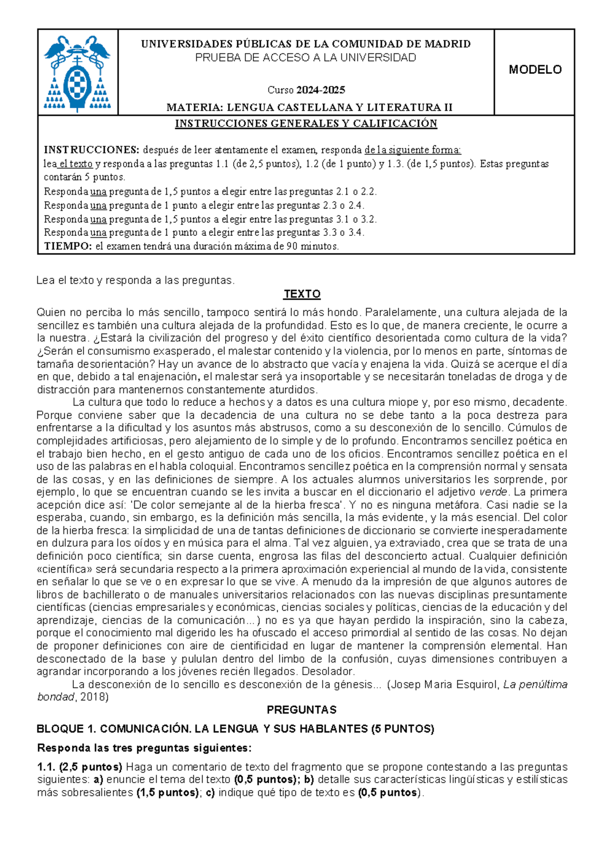 Prueba de Acceso a la Universidad: Lengua Castellana y Literatura II ...