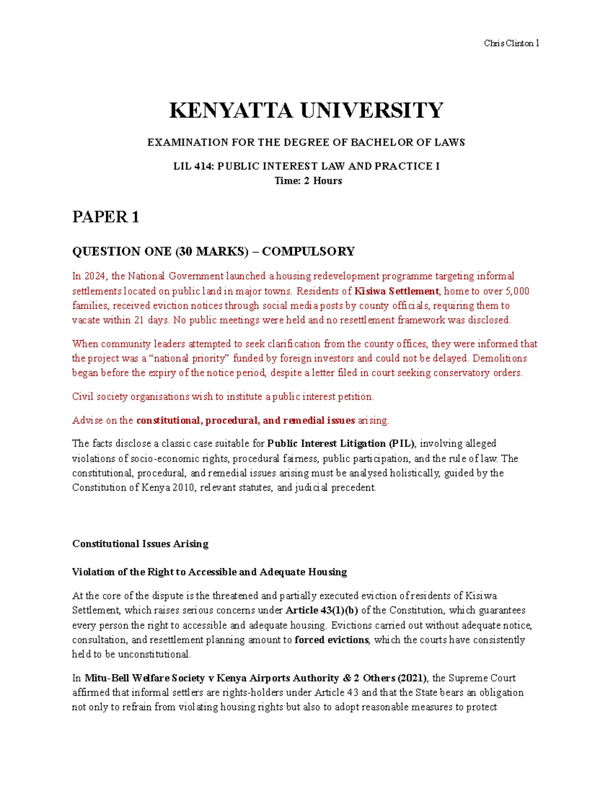 PIL 414: Public Interest Law and Practice - Exam Questions and Analysis ...