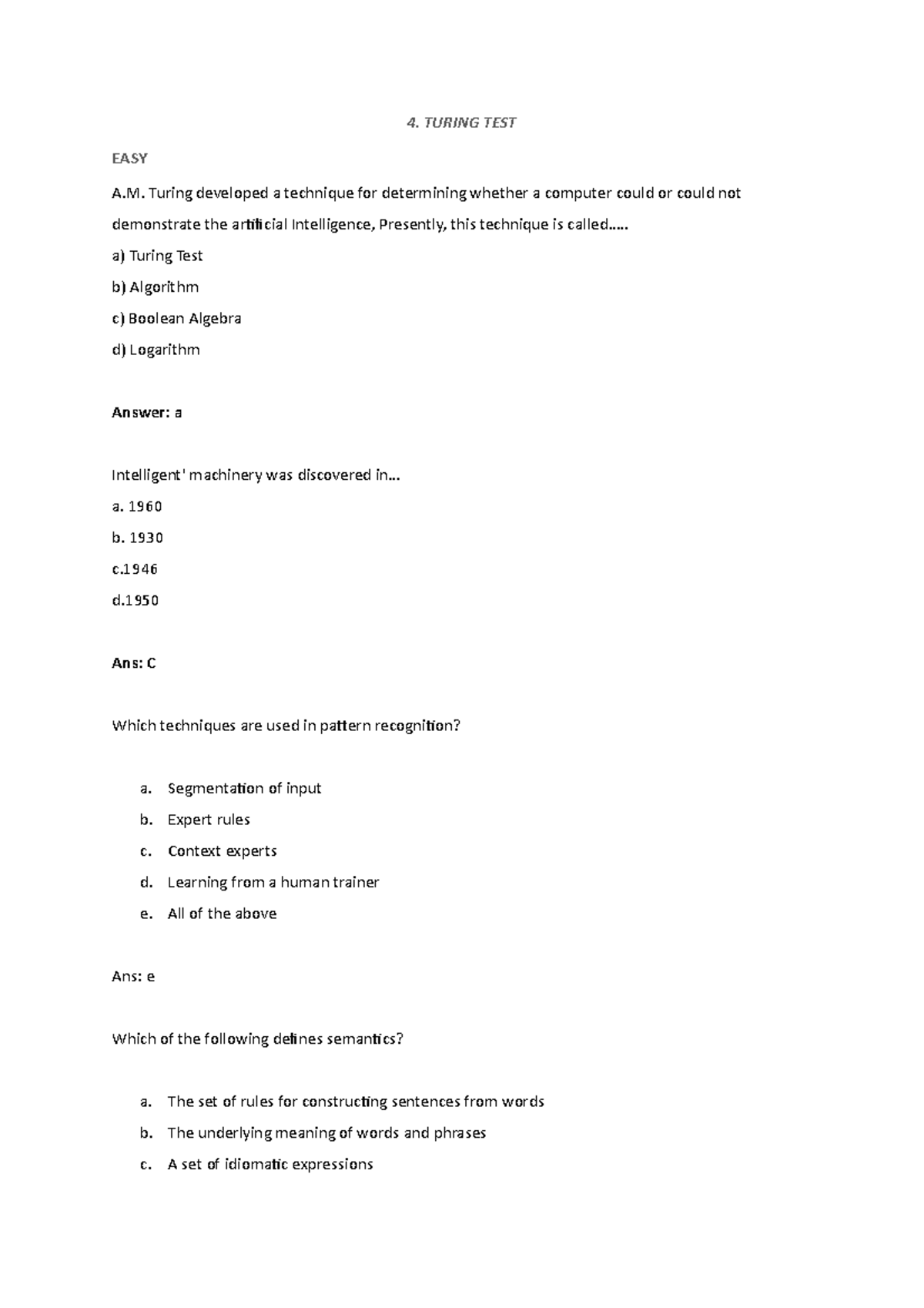 Artificial Intelligence CA TEST 2 - Final - 4. TURING TEST EASY A ...