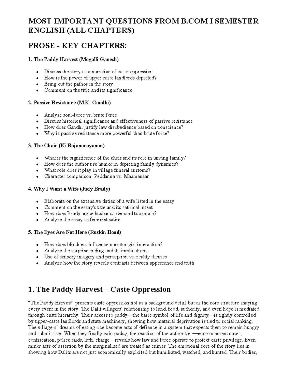 B.COM I SEMESTER ENGLISH: KEY QUESTIONS AND ANALYSES OF PROSE AND ...