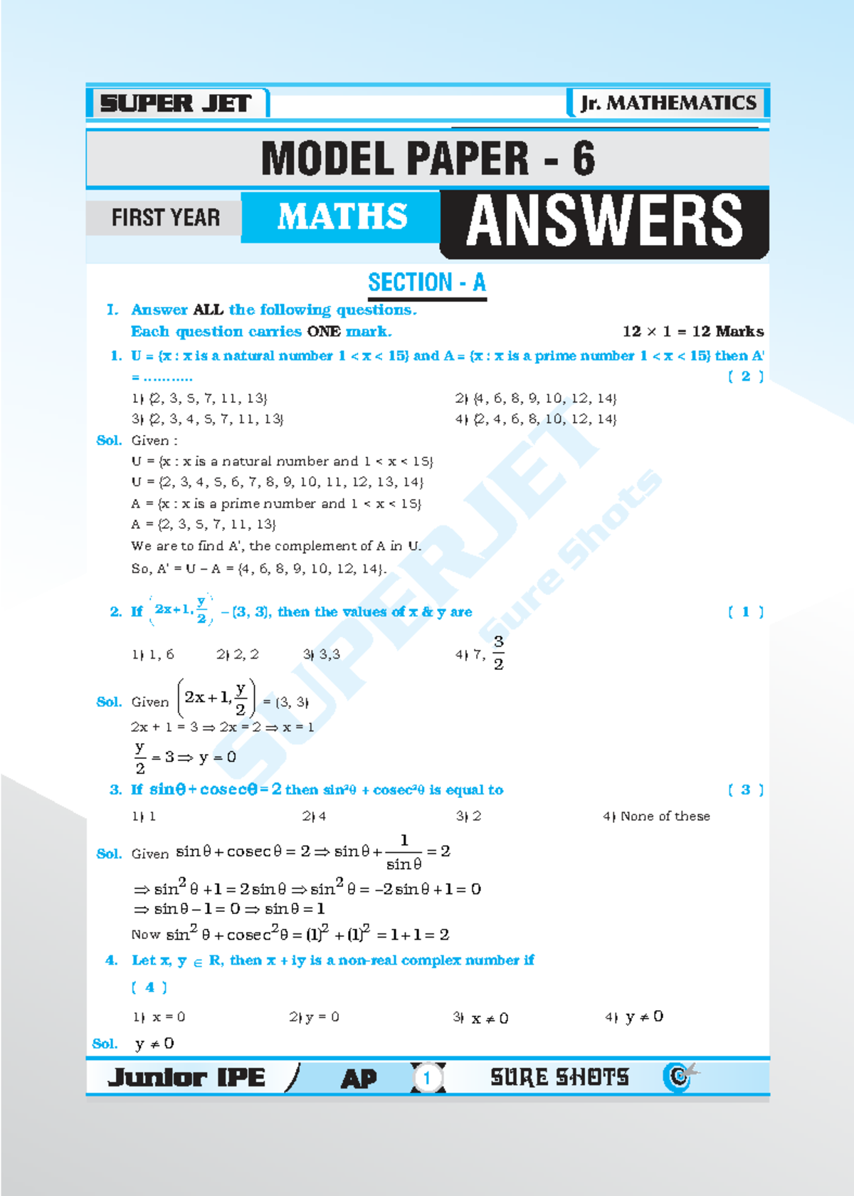 Jr. MATHEMATICS MODEL PAPER 6 SOLUTIONS - FIRST YEAR - Studocu