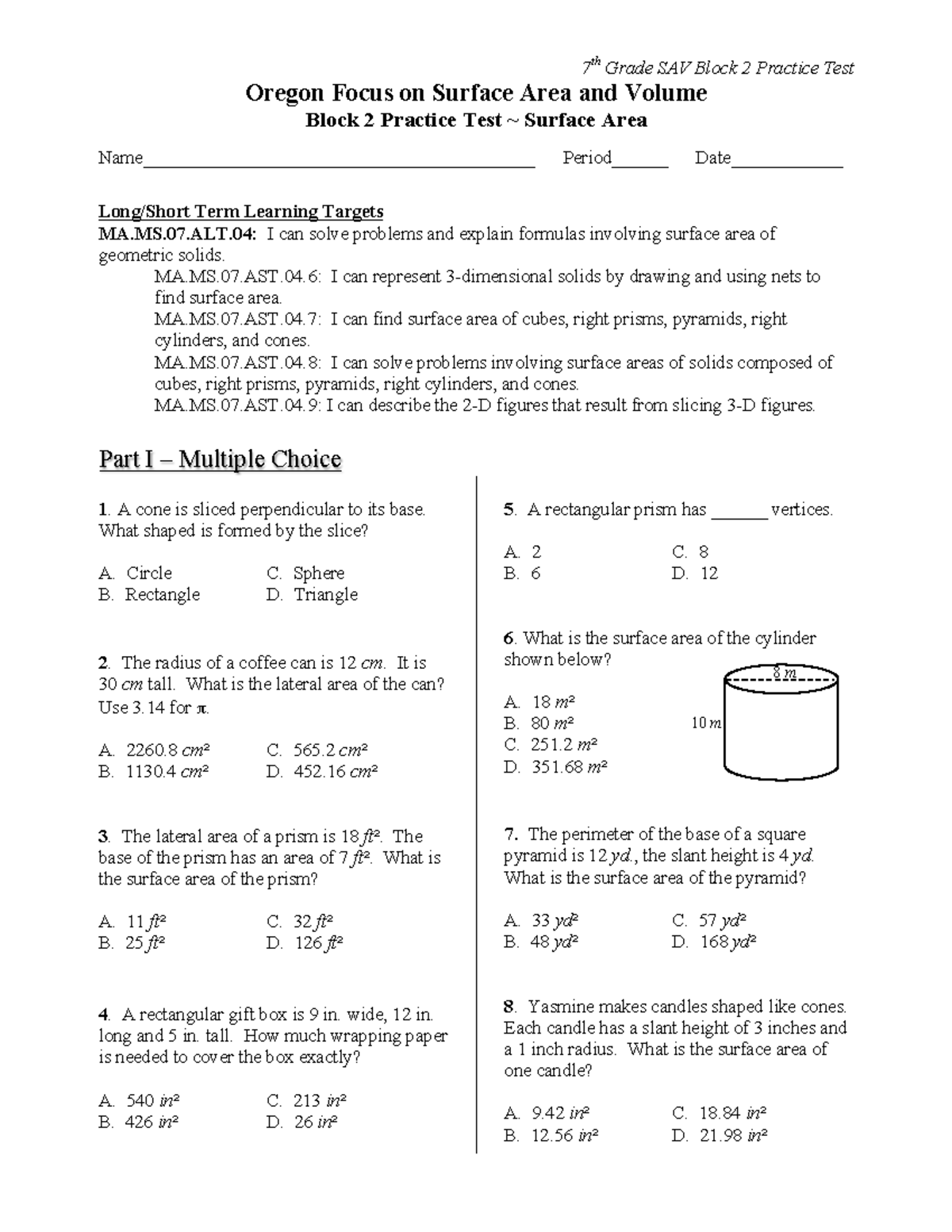 7th Grade SAV Block 2 Surface Area Practice Test & Learning Targets ...