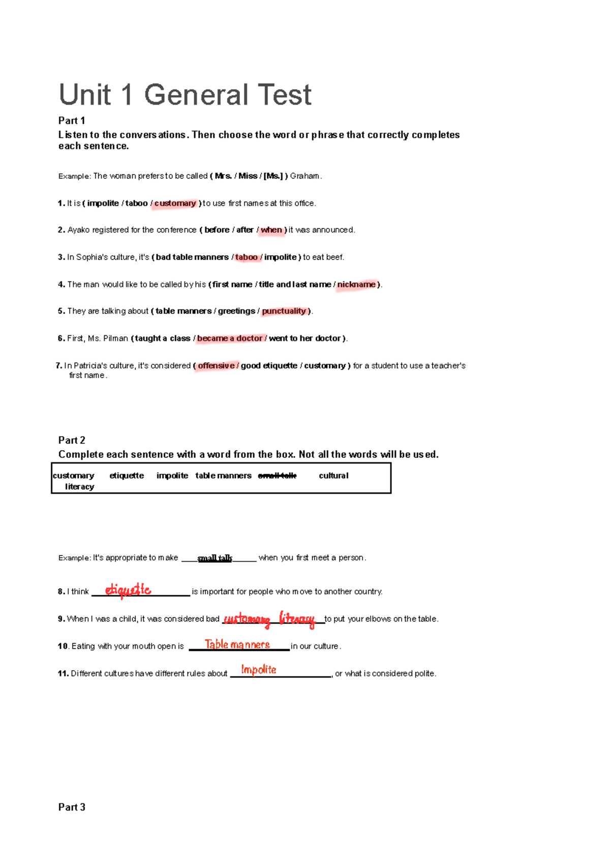 U1 b2 - Tiếng anh - Unit 1 General Test Part 1 Listen to the ...