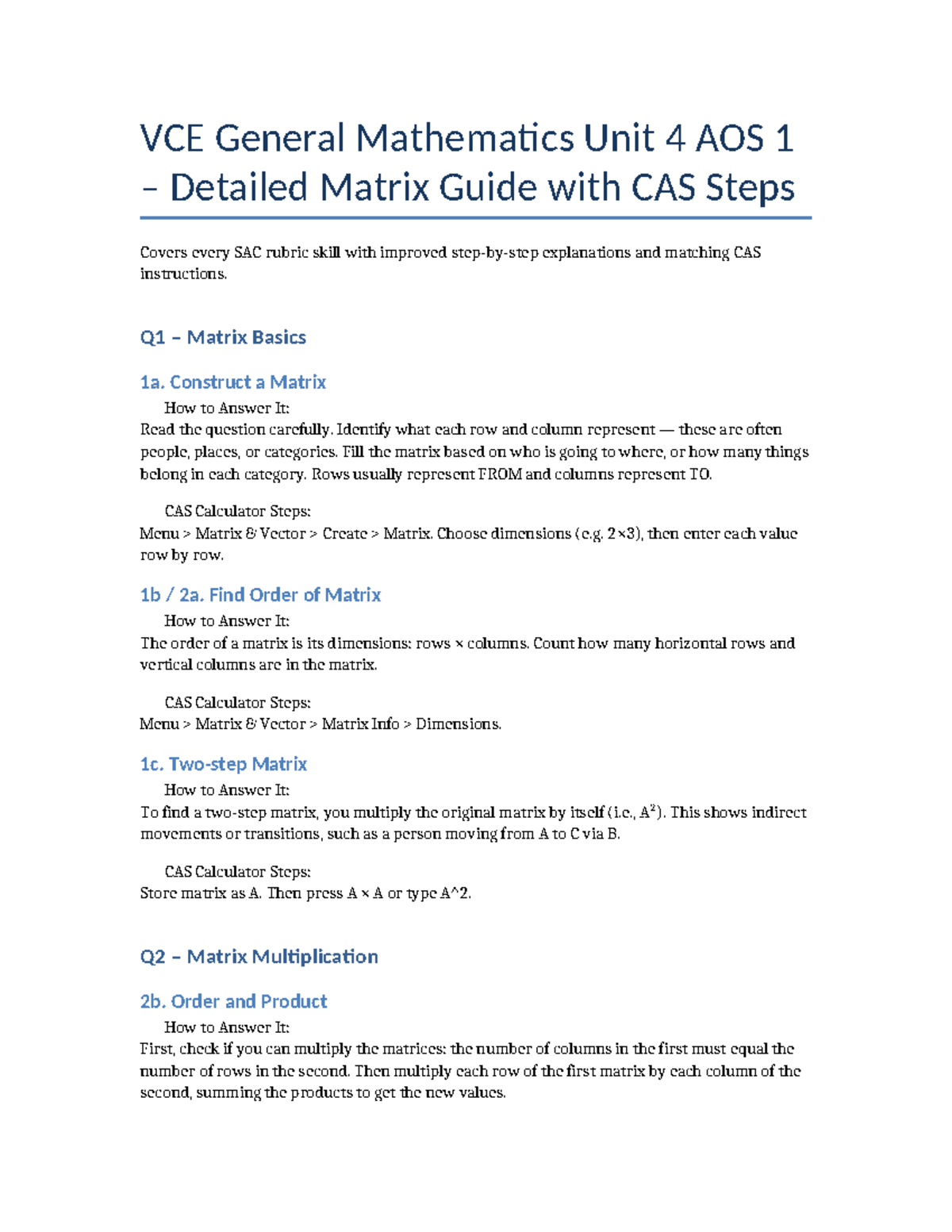 VCE General Mathematics Unit 4 AOS 1: Detailed CAS Matrix Guide - Studocu