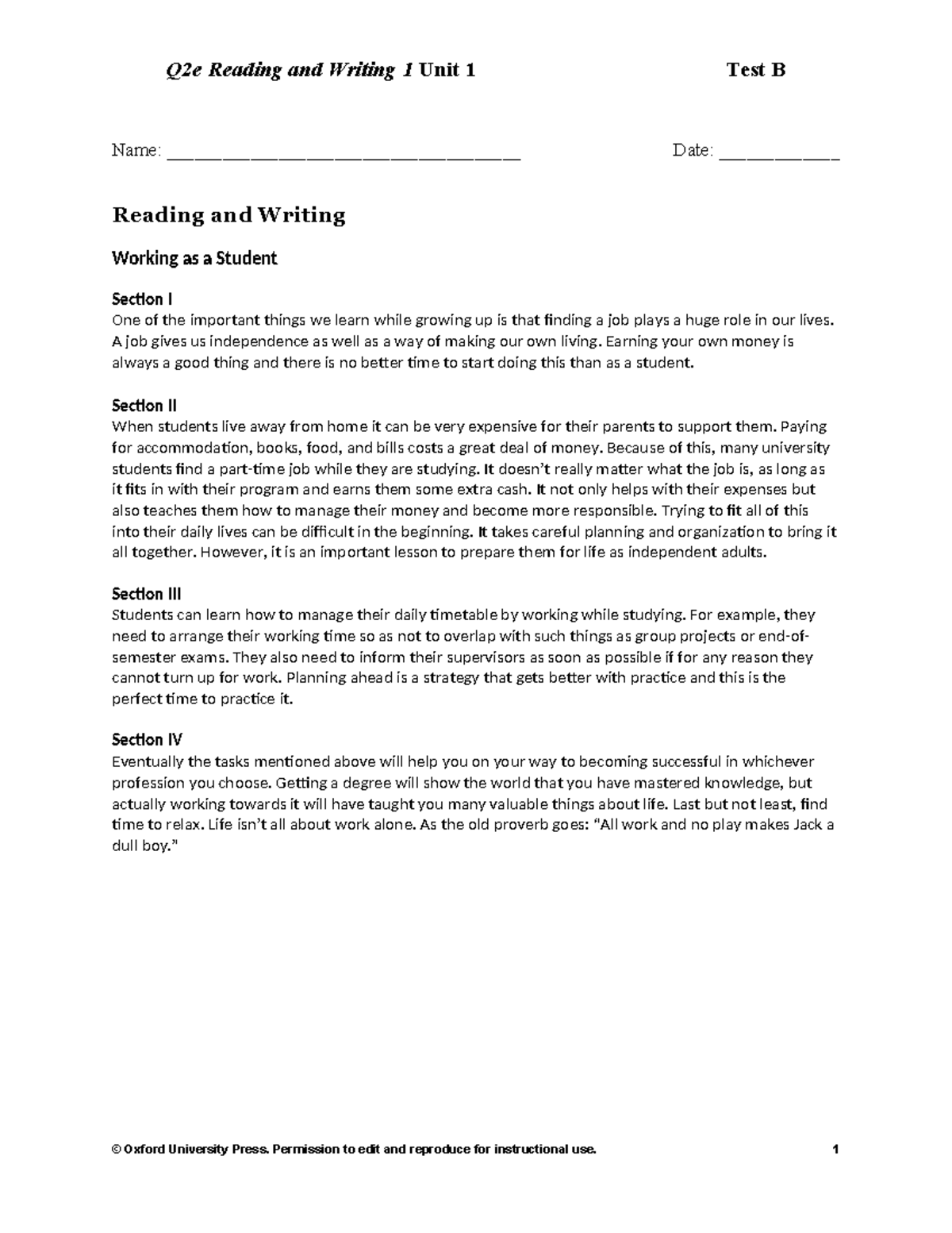 Q2e RW1 U1 Test B - Working While Studying: Key Lessons - Studocu