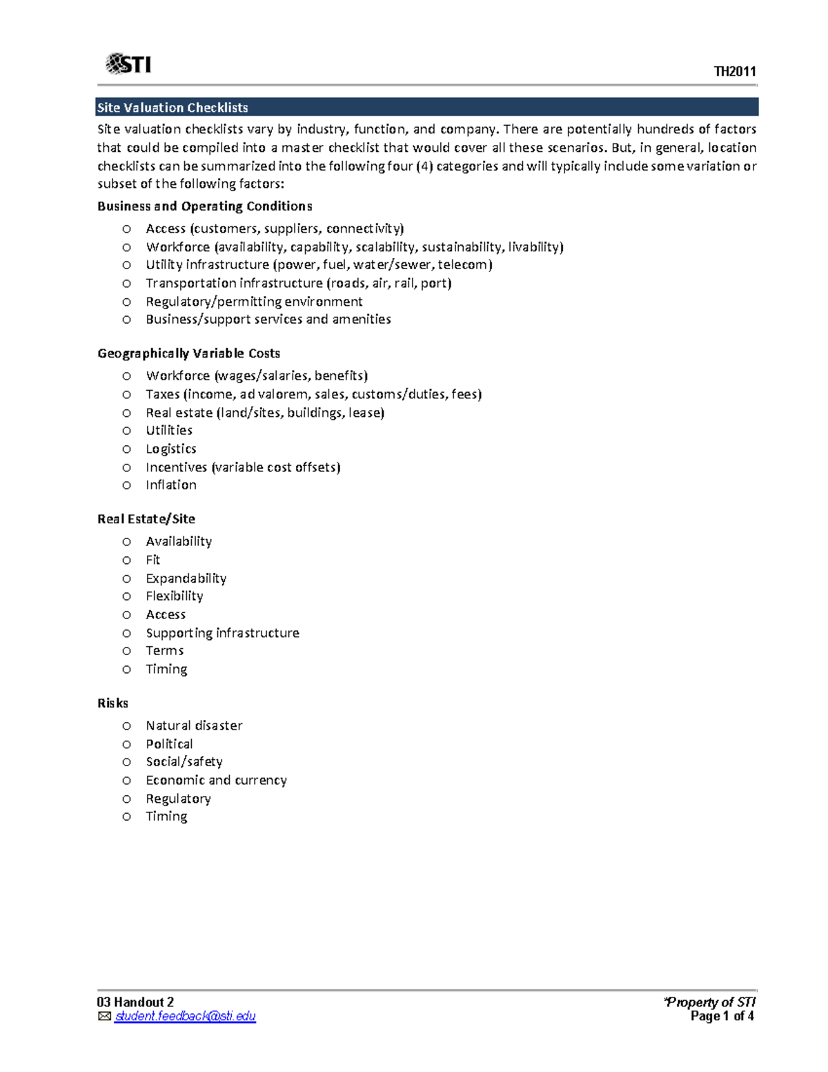 TH2011 Site Valuation Checklists and Considerations - Studocu