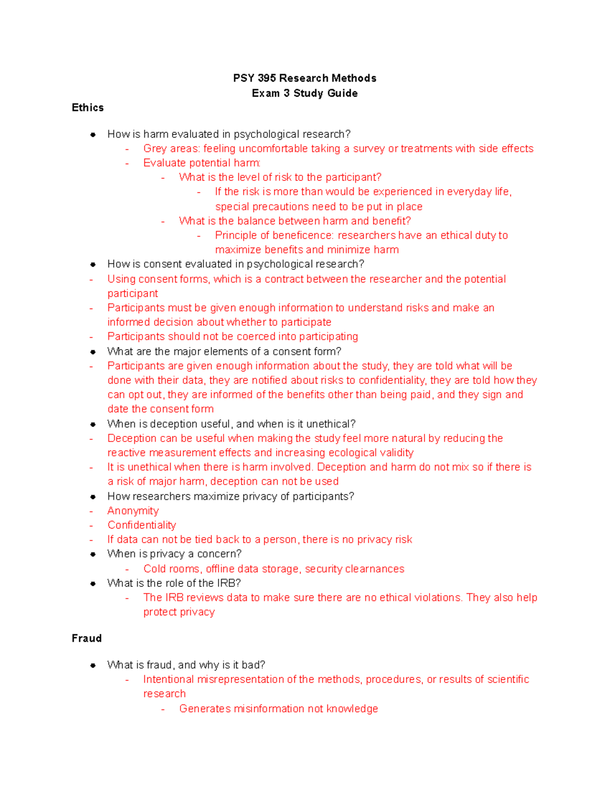 PSY 395 Research Methods - Exam 3 Study Guide Insights and Concepts ...