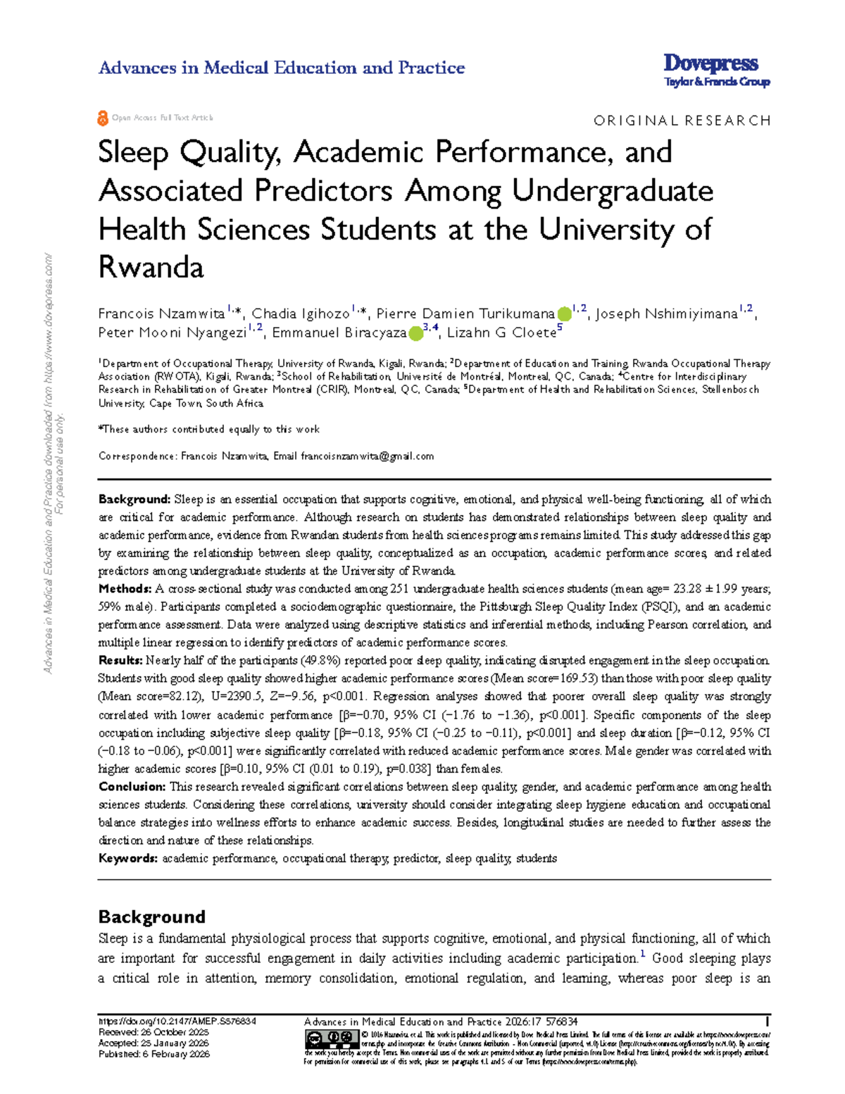 AMEP 576834: Sleep Quality and Academic Performance Among Health ...
