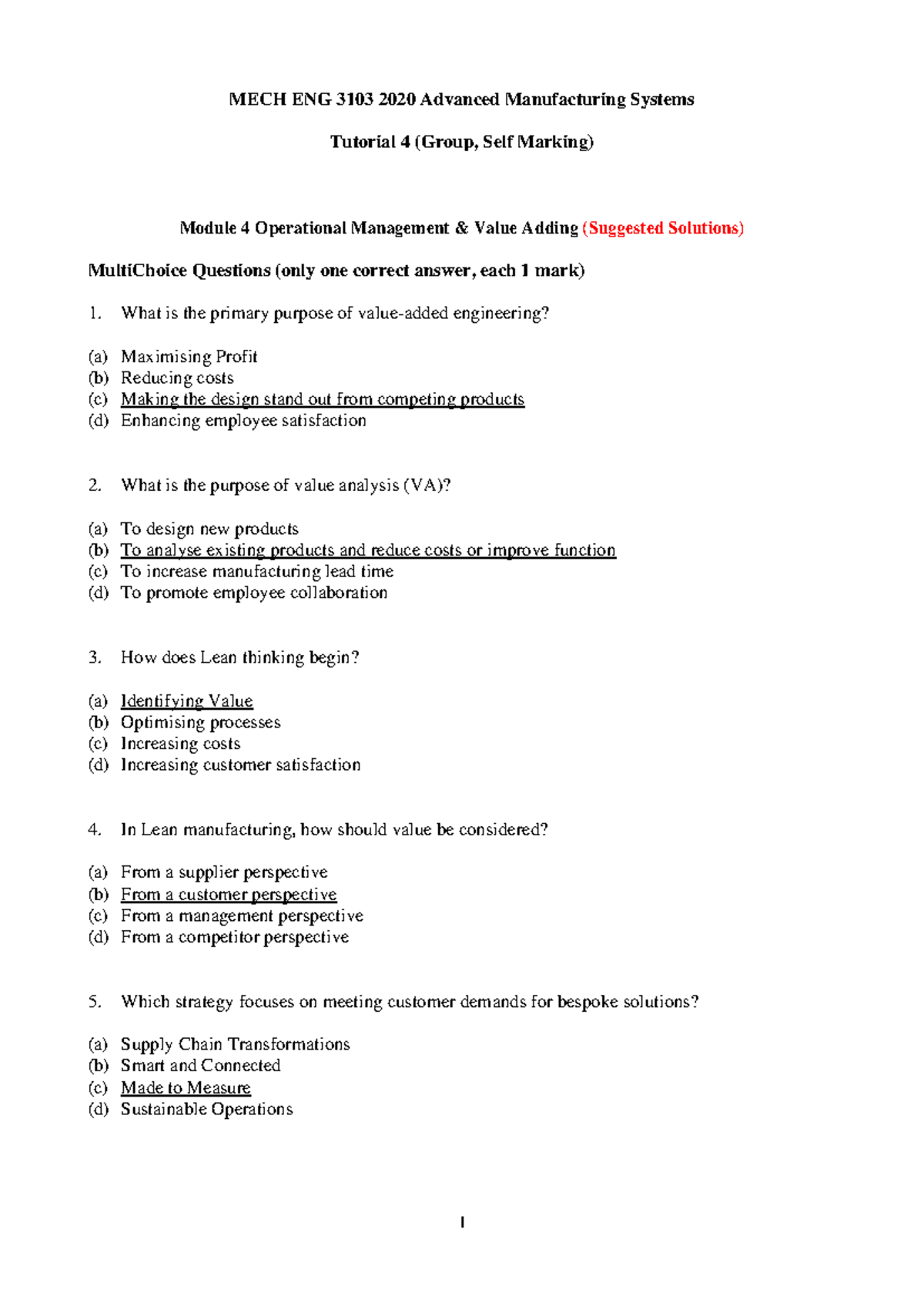 MECH ENG 3103 2020 Advanced Manufacturing Systems Tutorial 4 Q&A ...