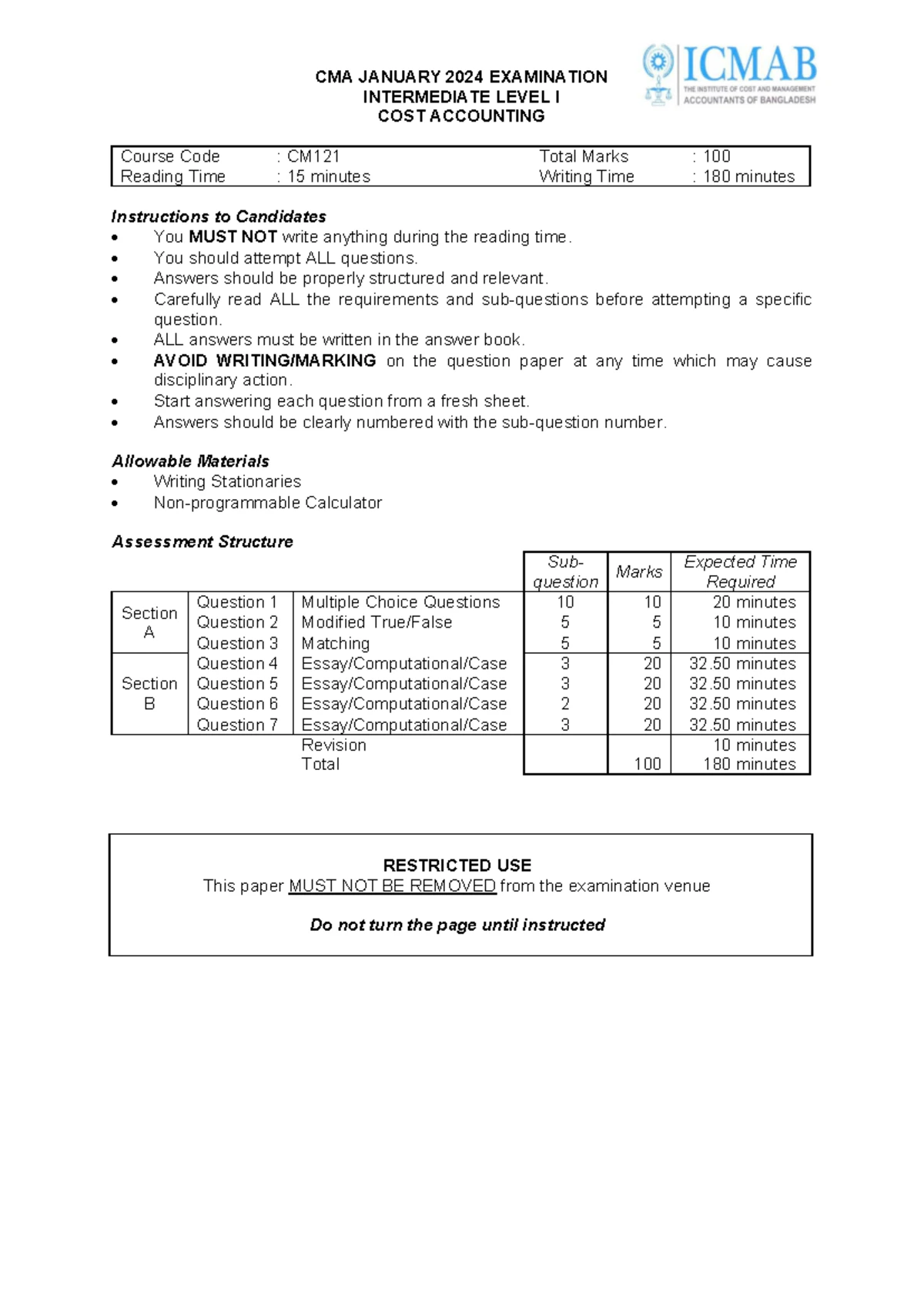 CMA 102: Cost Accounting Exam Questions - December 2016 - Studocu