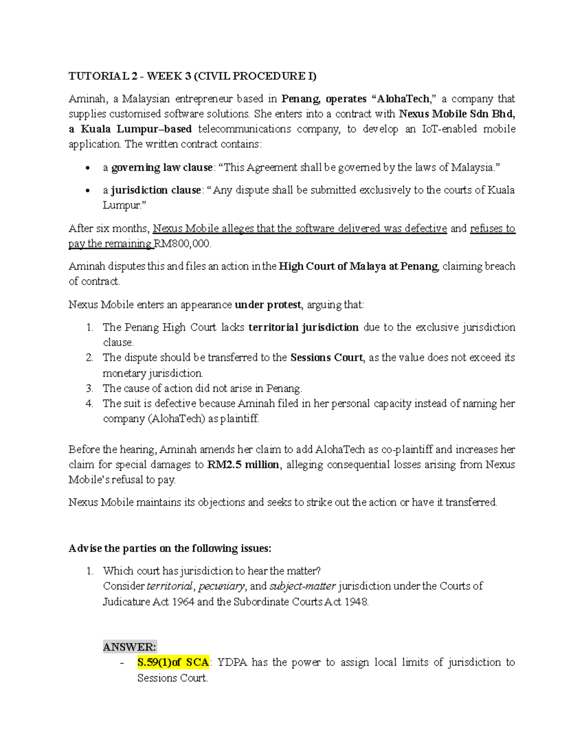 Tutorial 2 - Week 3: Jurisdiction Issues in Civil Procedure I - Studocu