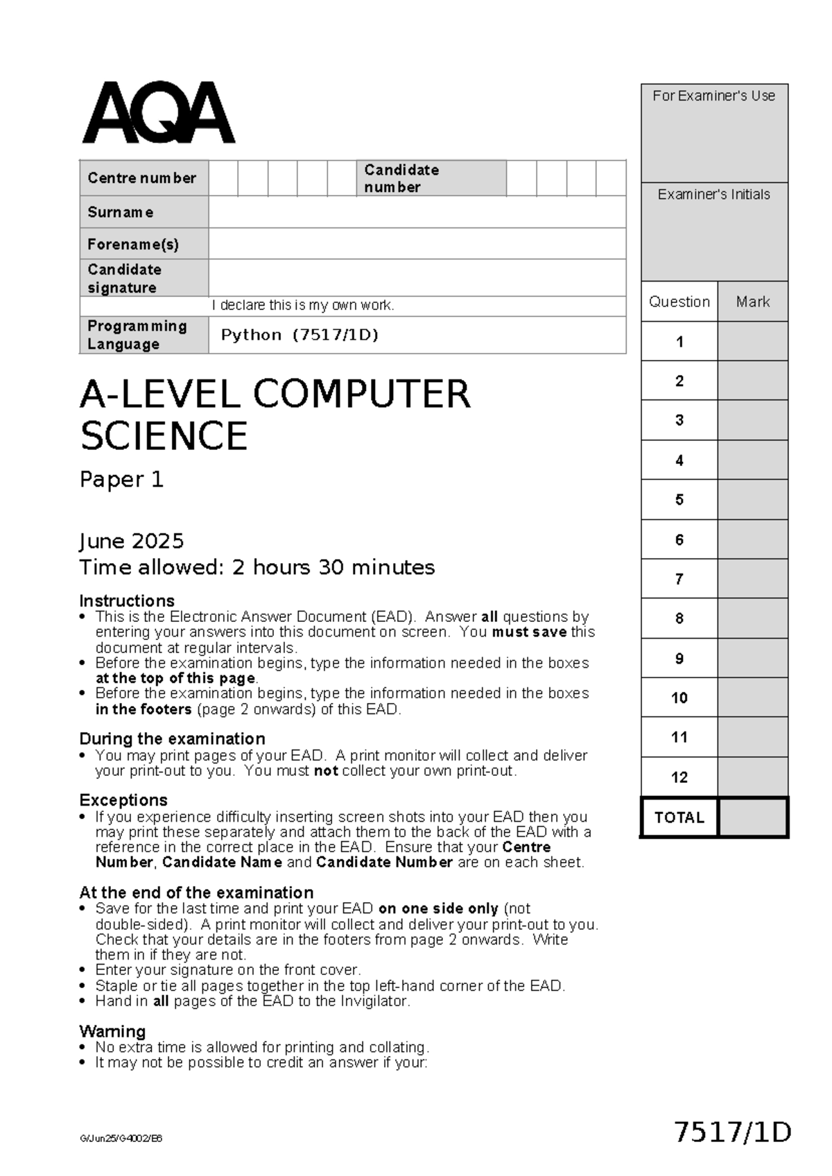 A-Level Computer Science EAD (7517/1D) - Python Paper 1 June 2025 - Studocu