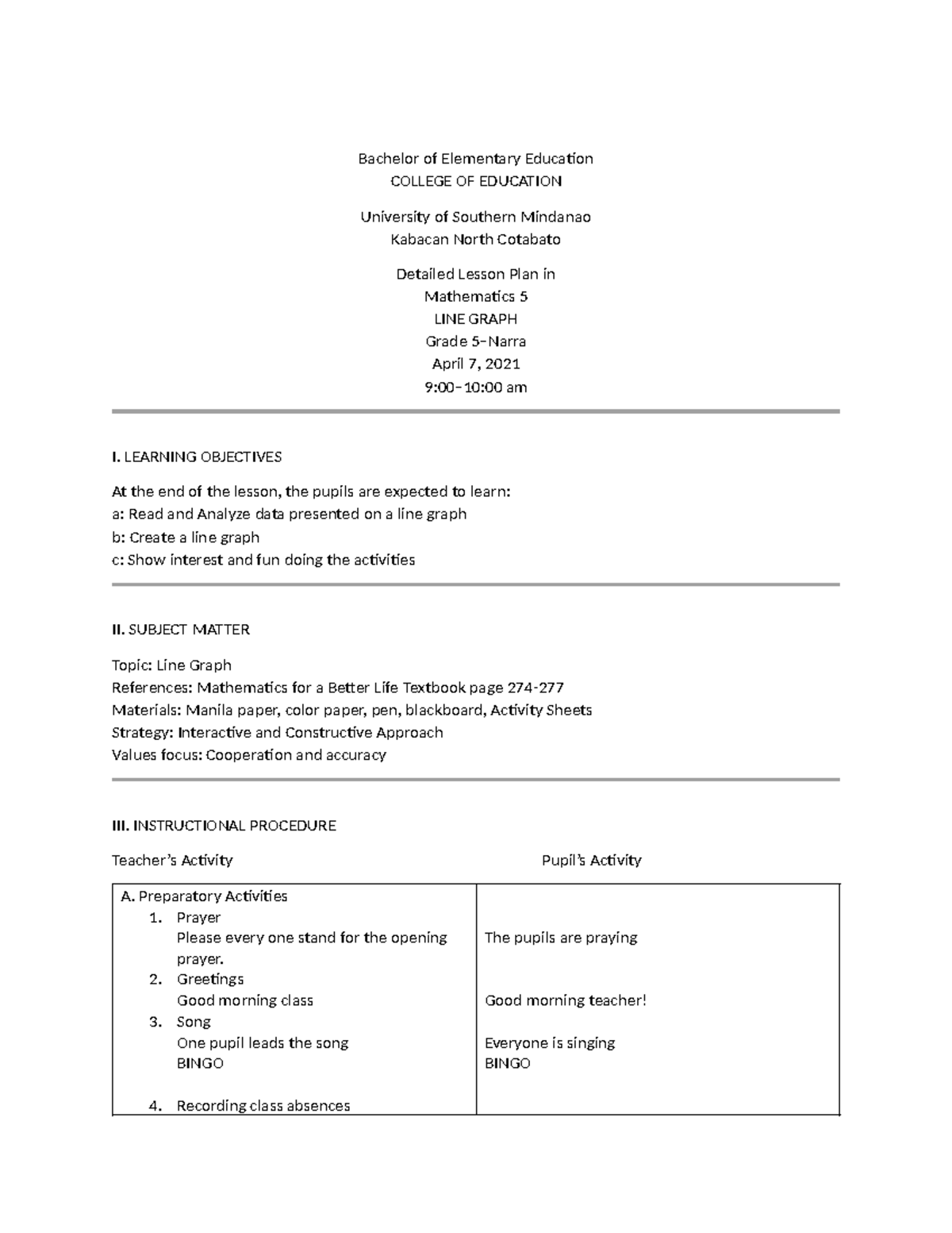 Detailed Lesson Plan in Math 5: Line Graphs (BEED B) - Studocu