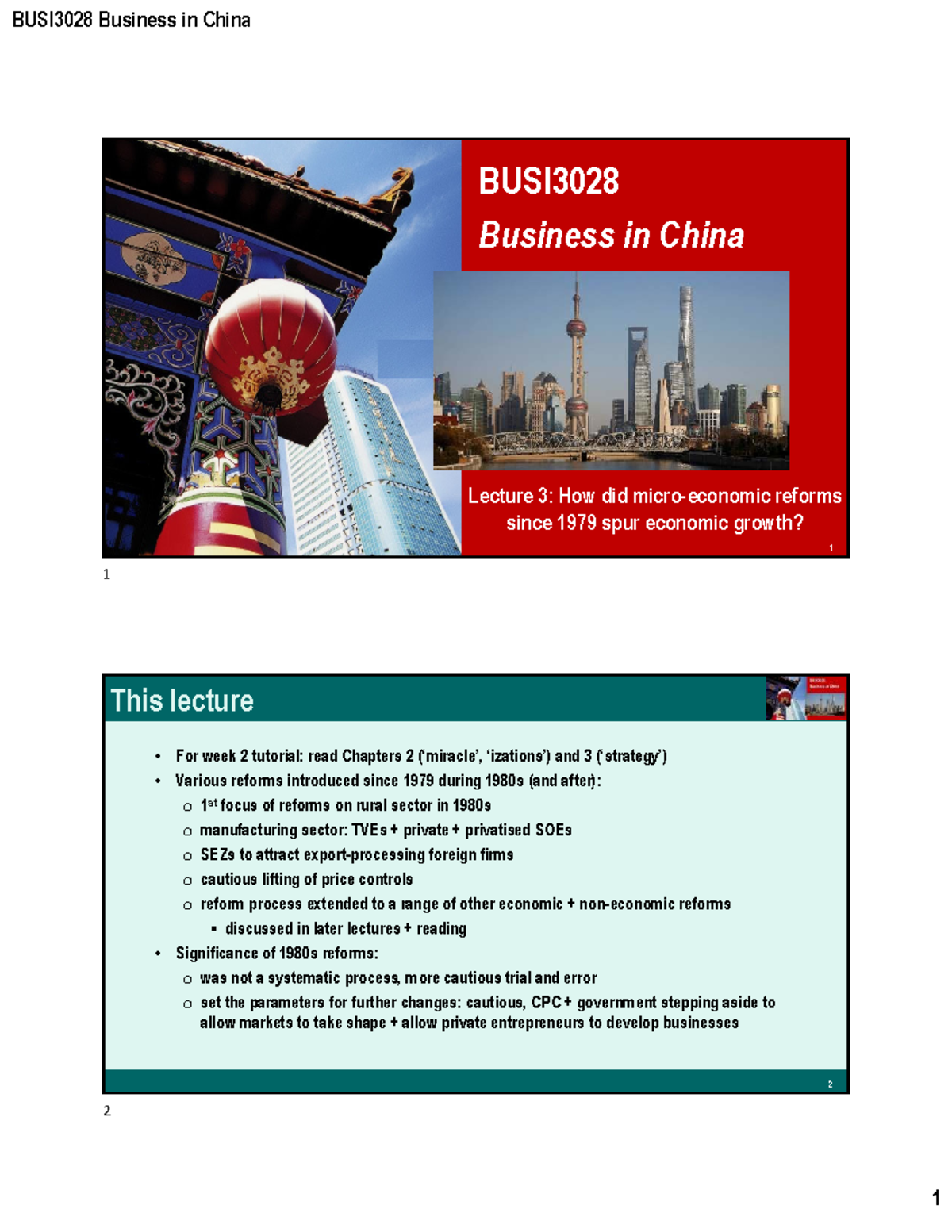 BUSI3028 Business in China Lecture 3: Economic Growth Reforms Since ...