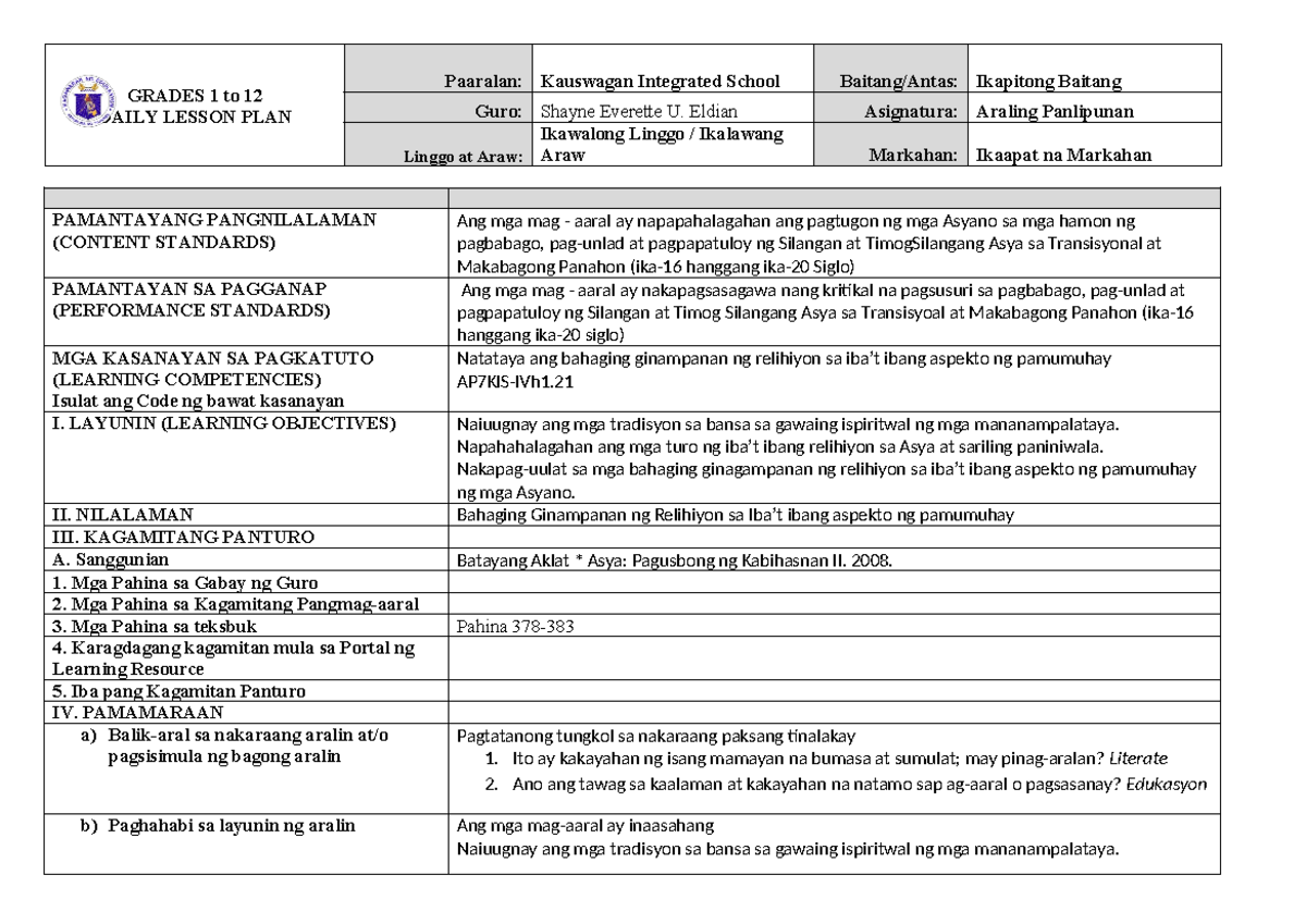DLP AP7 Week 8 Day 2 Lesson Plan on Religious Influence - Studocu
