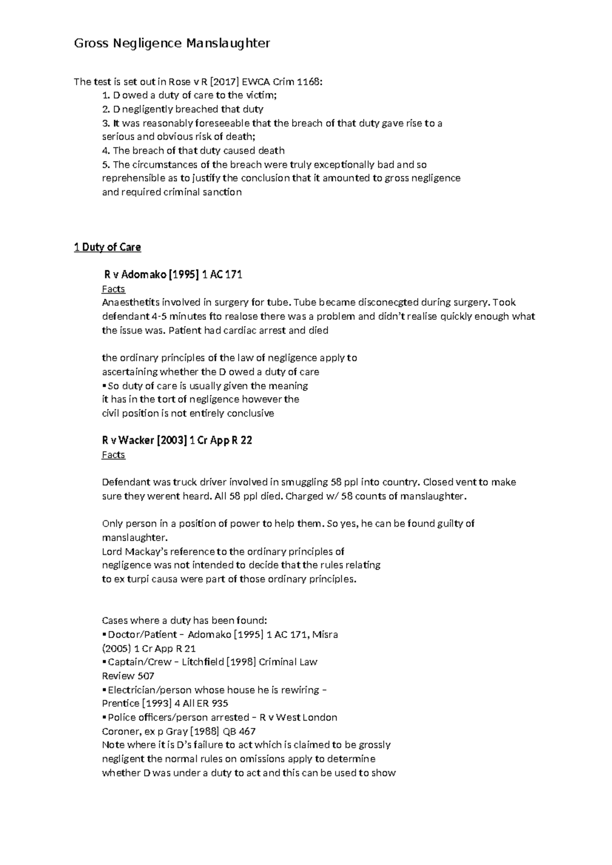 Gross Negligence Manslaughter: Key Concepts & Case Law Notes - Studocu