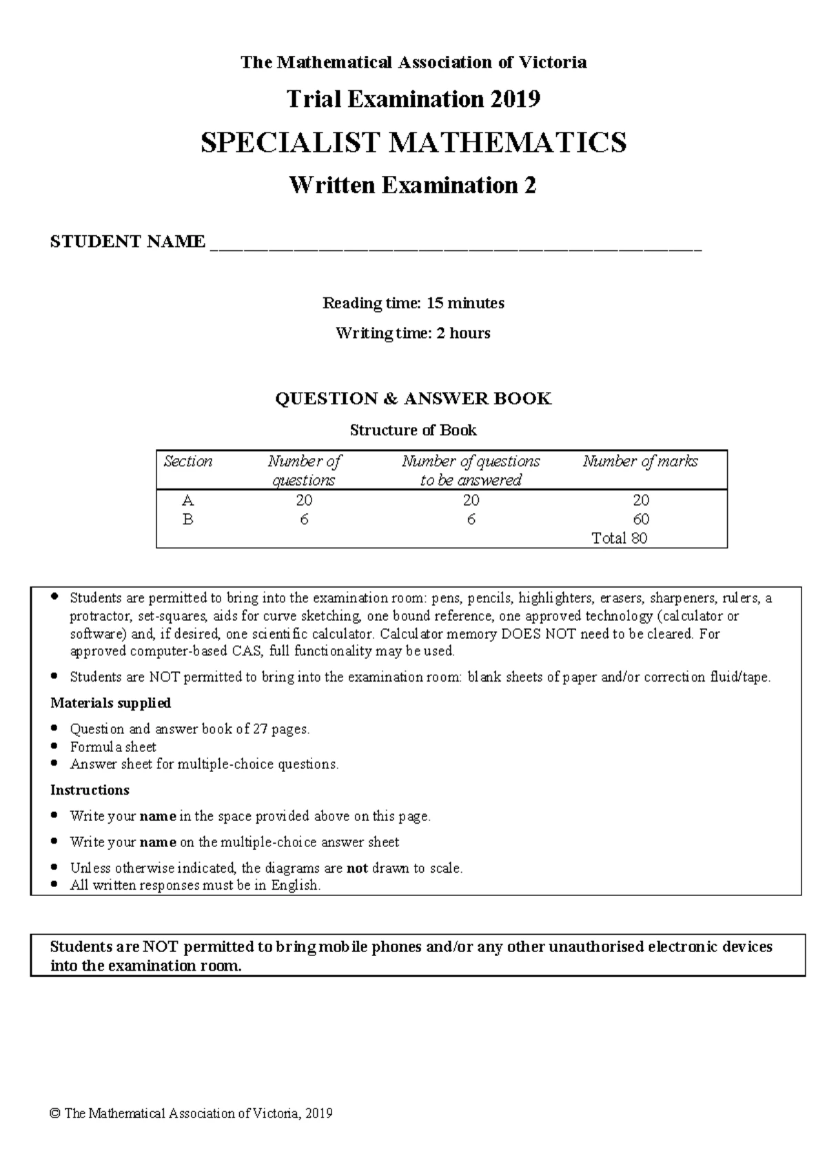 MAV 2019 Specialist Mathematics Trial Exam 1 - Complete Question Set ...