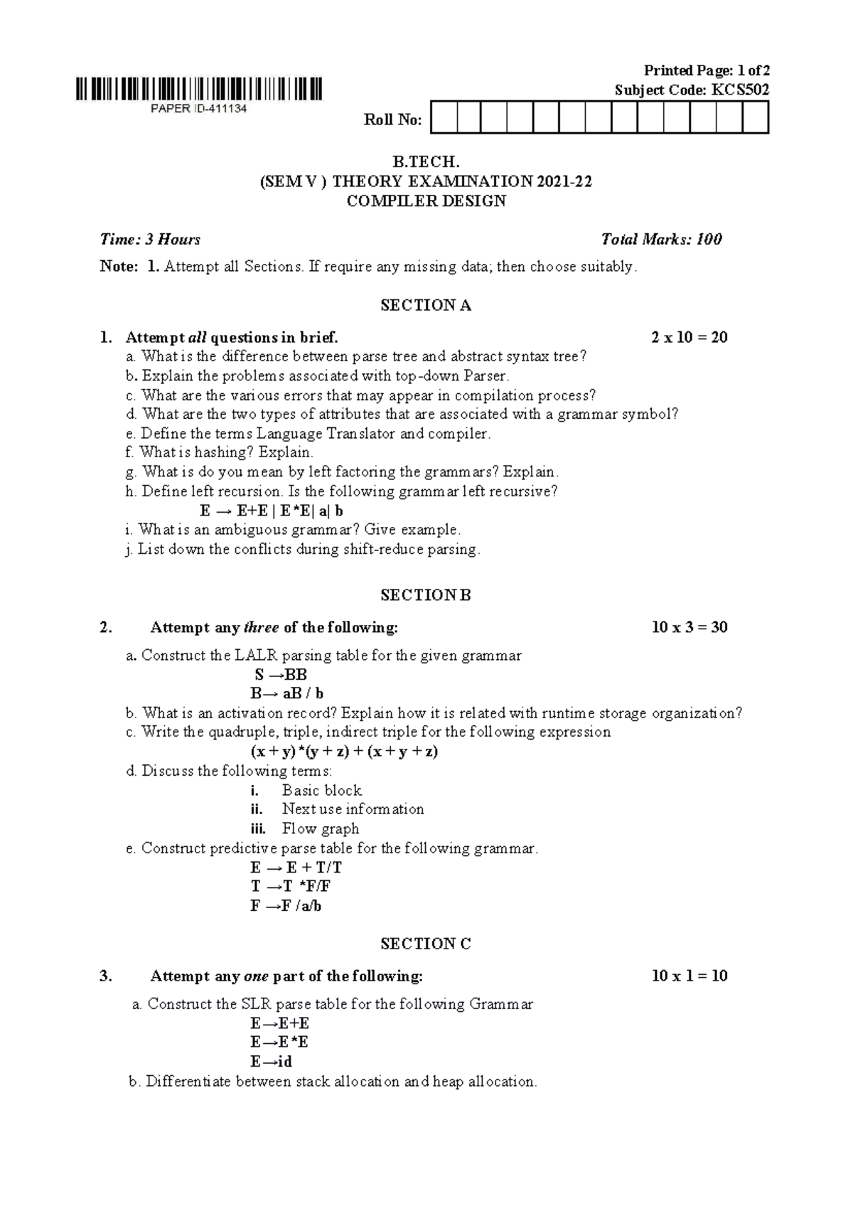 KCS502 B.TECH. V Sem Compiler Design Theory Exam Notes - Studocu