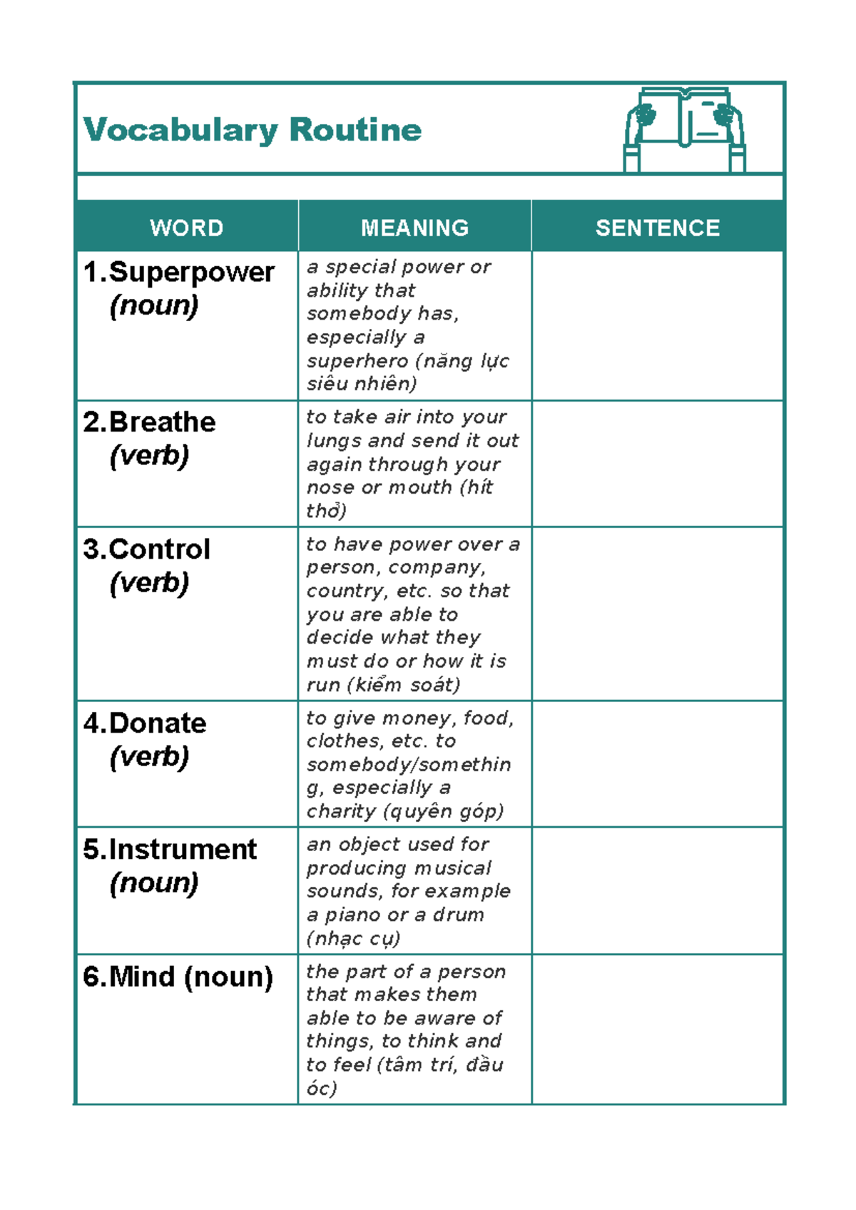 Vocab Routine - Vocabulary Routine WORD MEANING SENTENCE 1 (noun) a ...