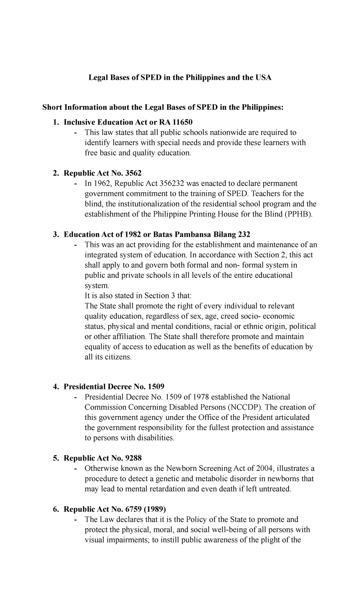 Legal bases - coursework - Legal Bases of SPED in the Philippines and ...