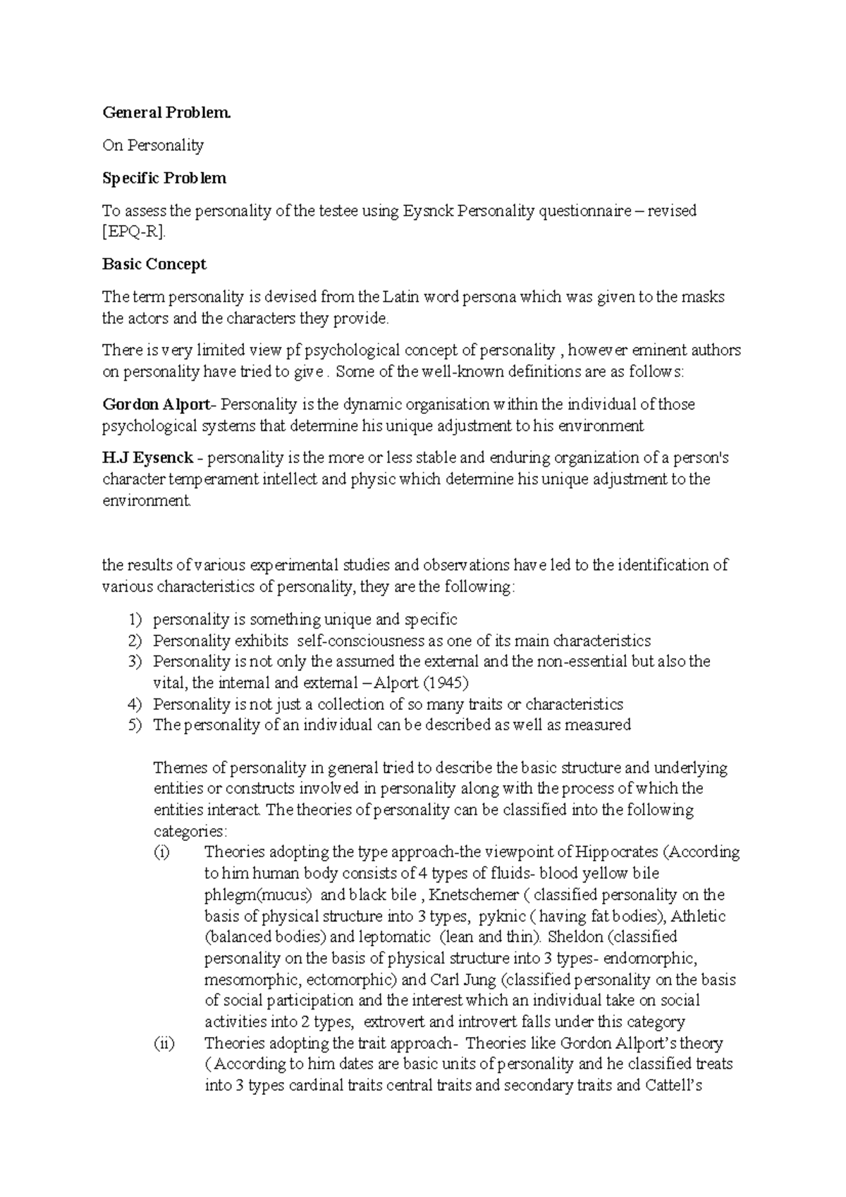 Personality Assessment Using Eysenck Personality Questionnaire (EPQ-R ...