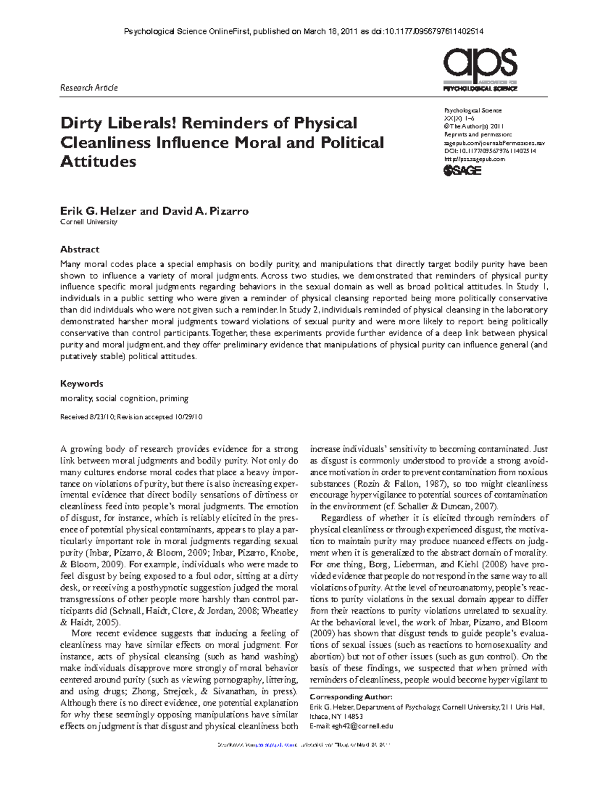 Helzer+Pizarro+2011 - Readings - Psychological Science XX(X) 1– © The ...