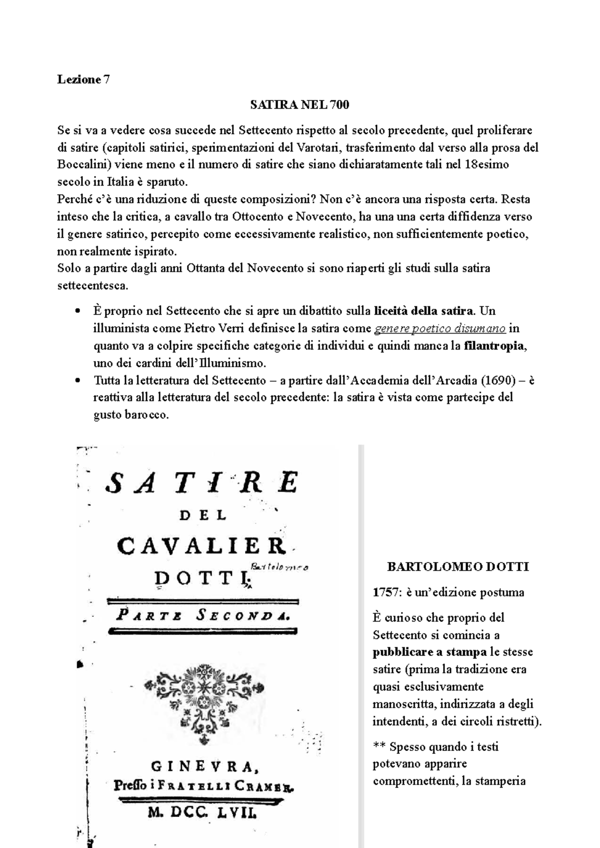 Lezione 7: La Satira nel Settecento e il Dotti - Studocu
