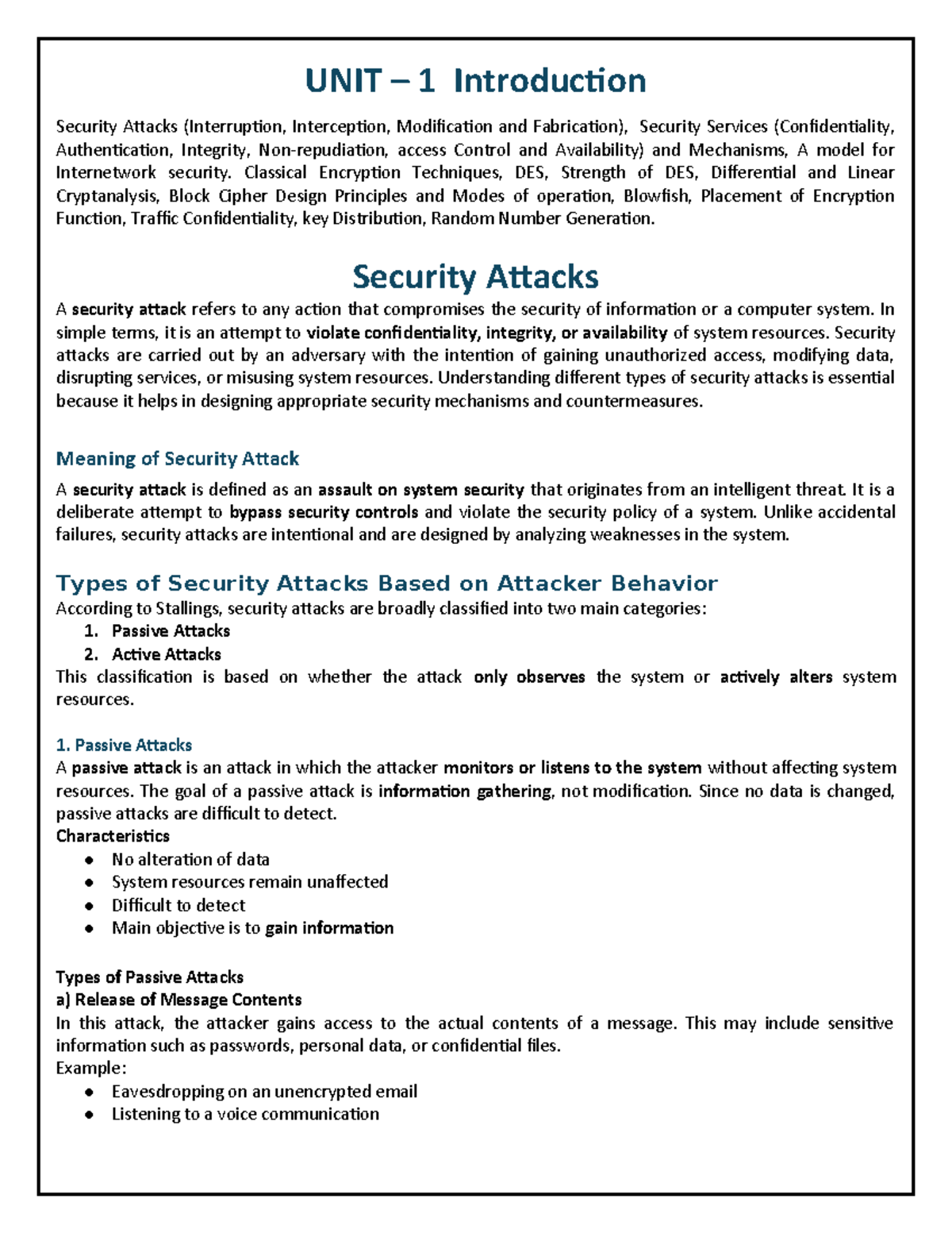 ISE IS U1 Security Attacks and Classical Encryption Techniques Notes ...