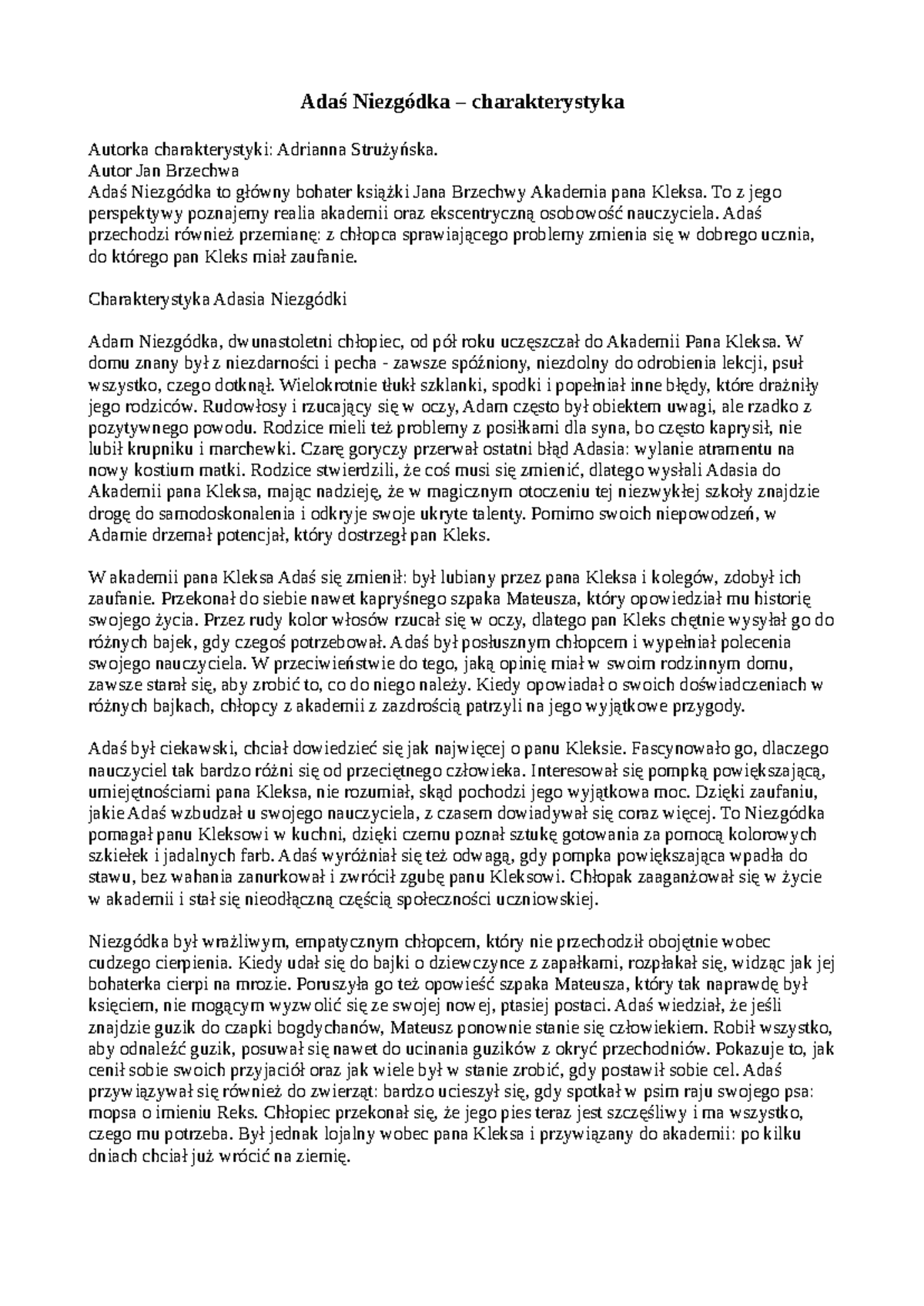 Akademia Pana Kleksa - Charakterystyka Adasia Niezgódki - Studocu