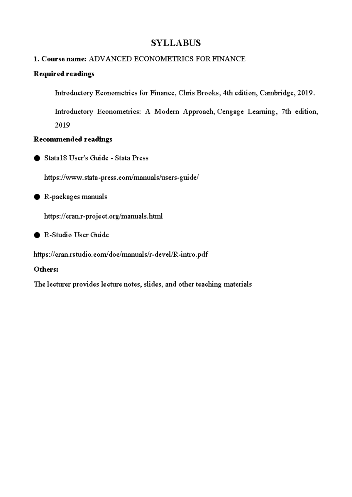 Advanced Econometrics for Finance - S12025 Course Syllabus Overview ...
