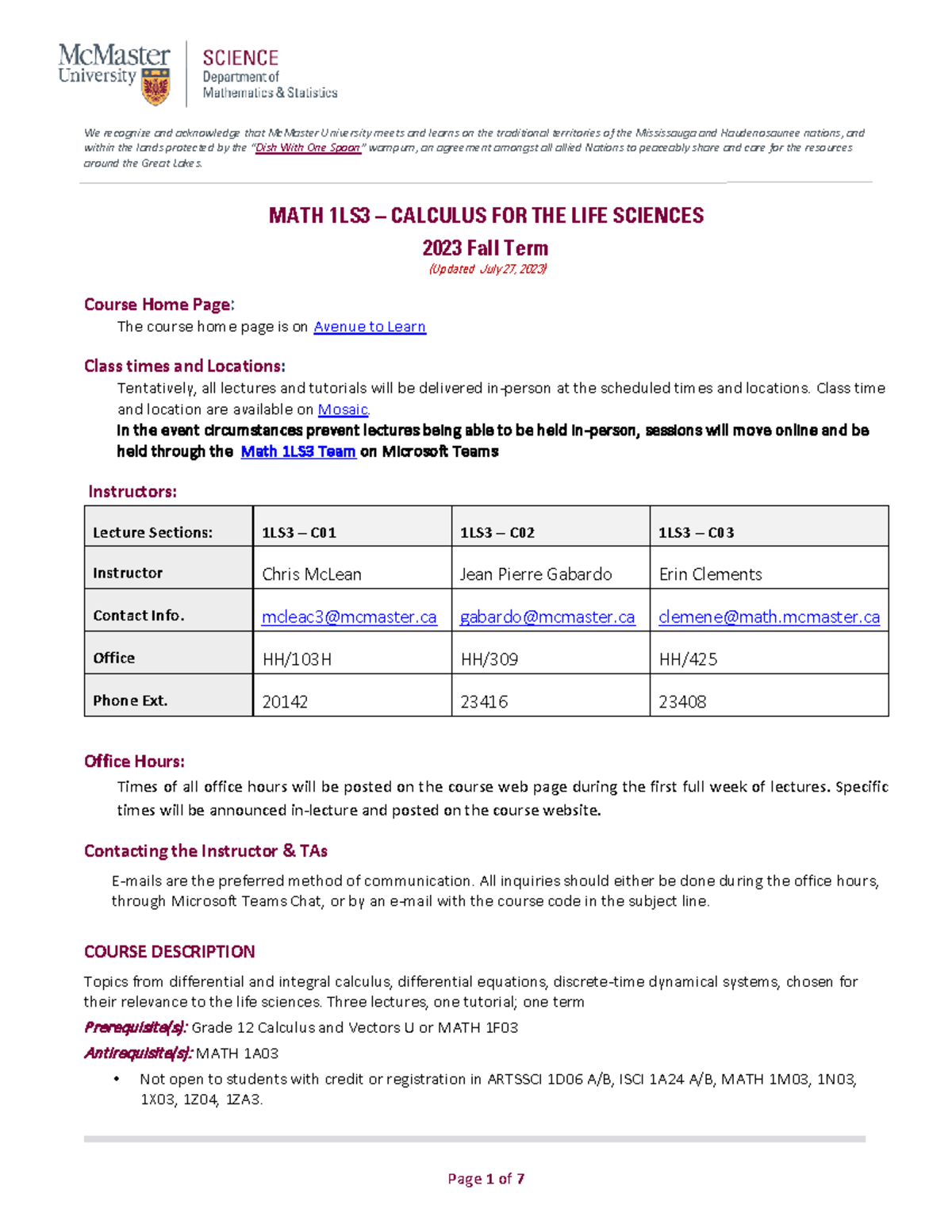 MATH-1LS3 - Fall 2023 - Detailed Course Outline and Information - Studocu