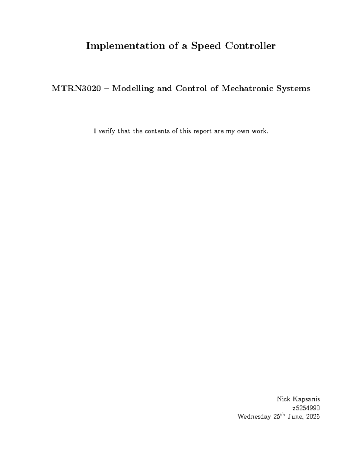 MTRN3020 Final Report: Speed Controller Design and Simulation - Studocu