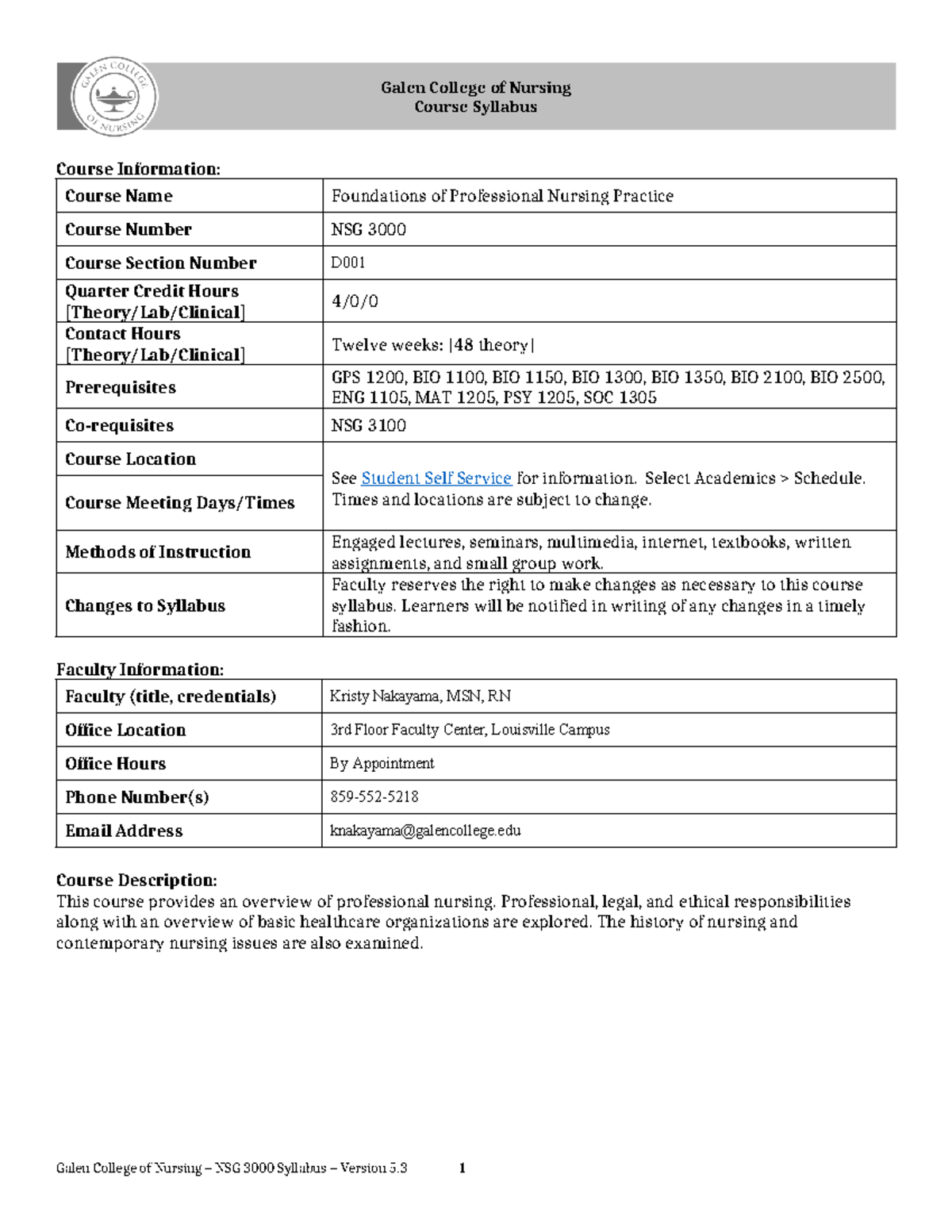 NSG 3000 Syllabus Winter 2024 - Galen College of Nursing Course ...