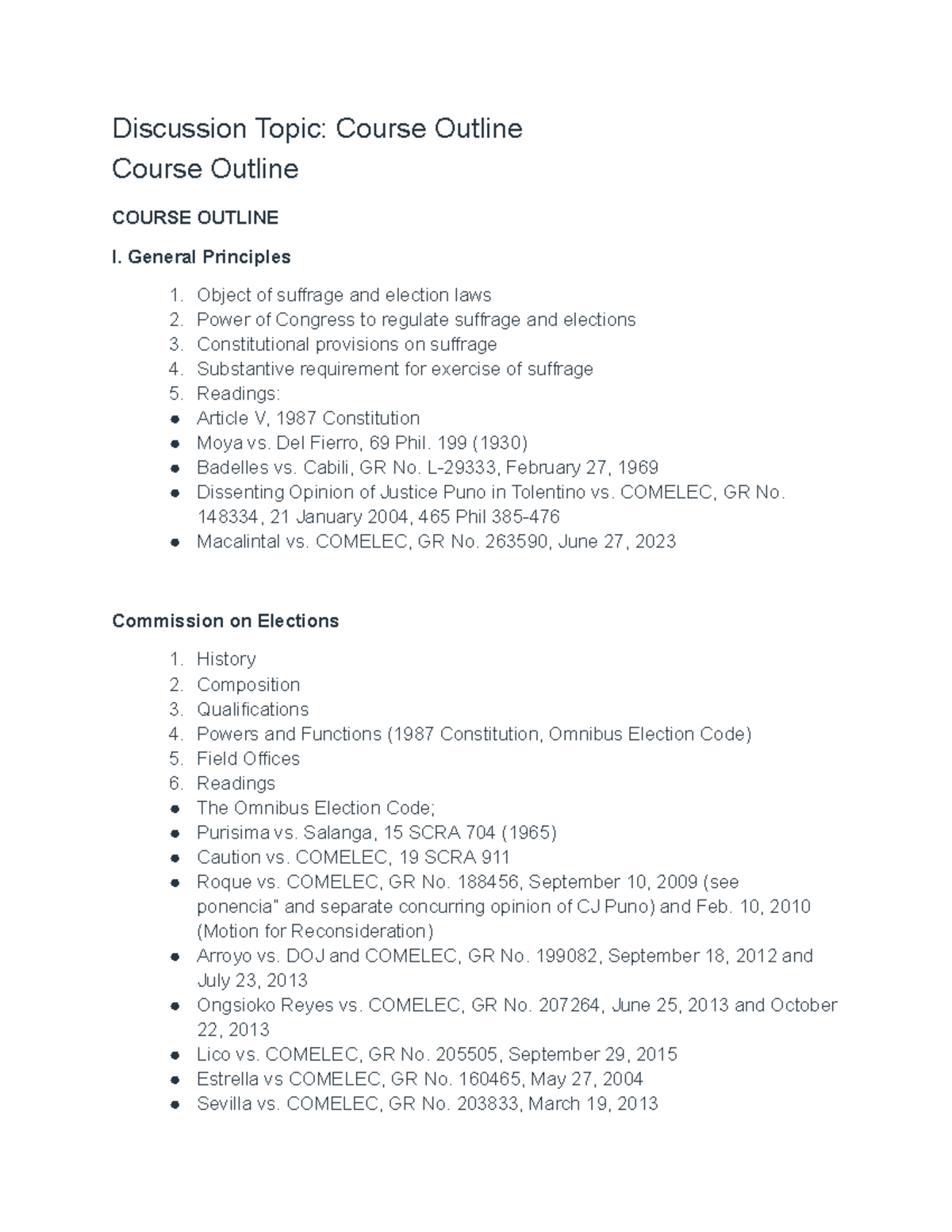 Election Law Course Outline: Key Principles and Readings - Studocu