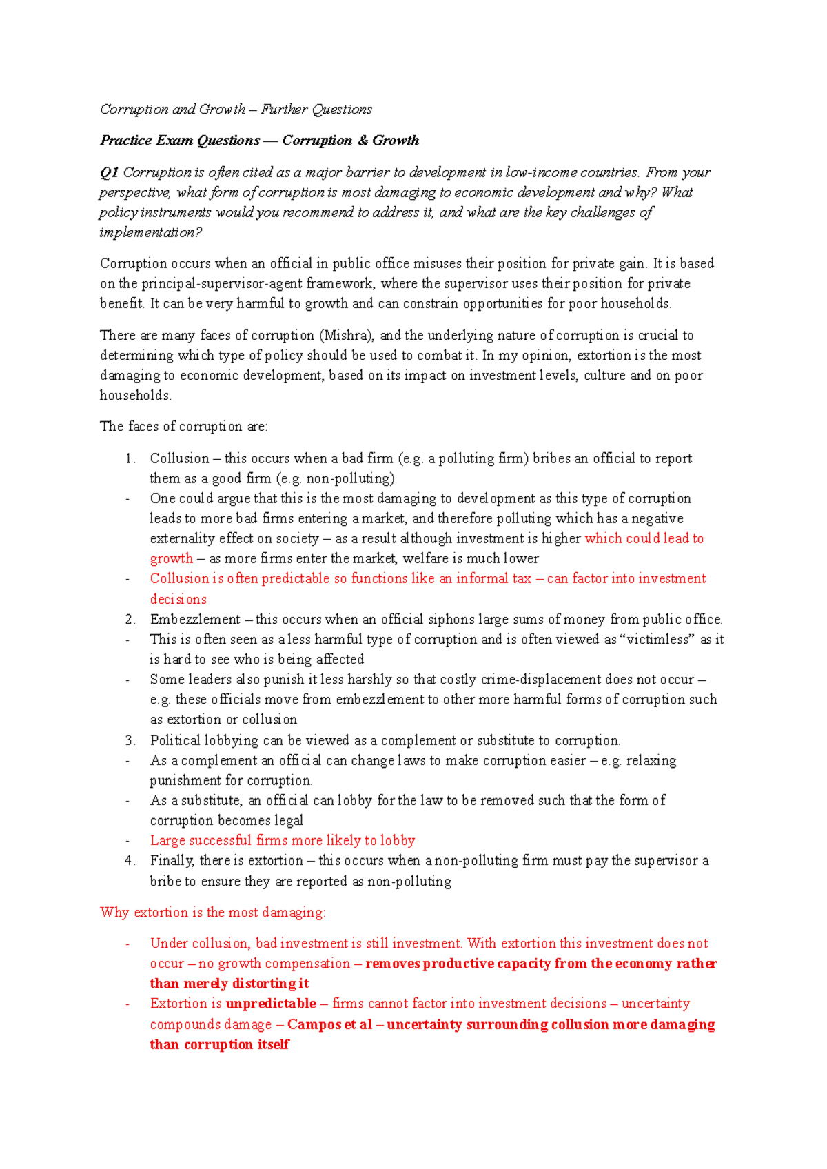 Corruption and Growth: Practice Exam Questions (ECO 101) - Studocu