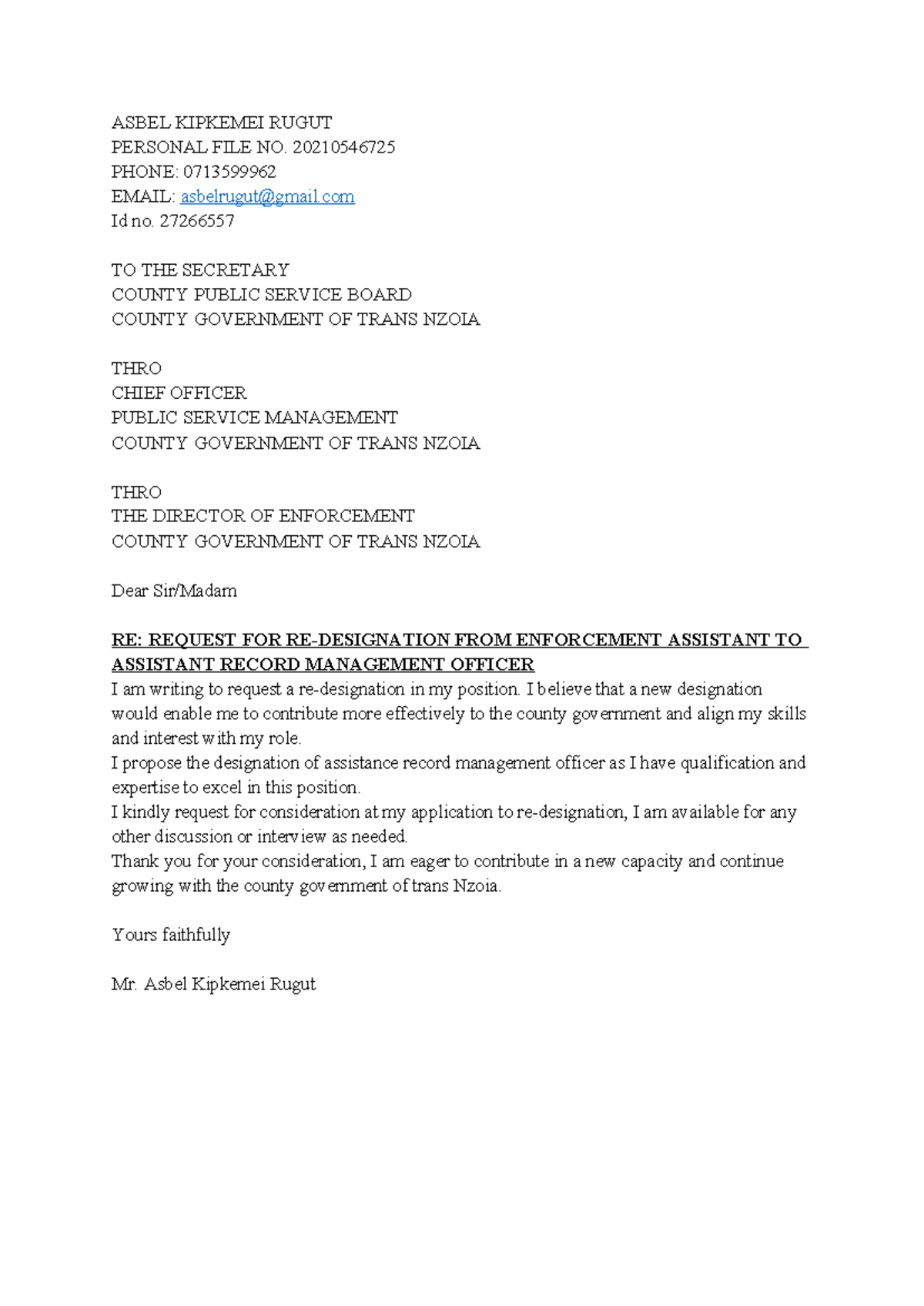 Request for Re-designation: Asbel Kipkemei Rugut's Application - Studocu