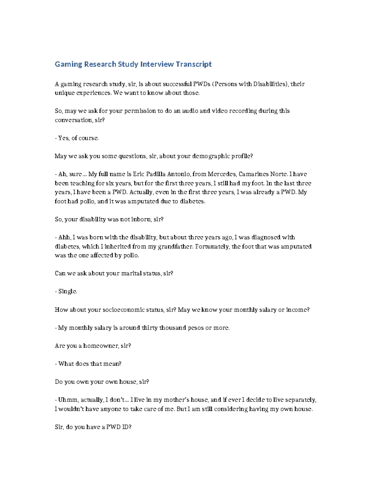 Gaming Research Study Interview Transcript on PWD Experiences - Studocu