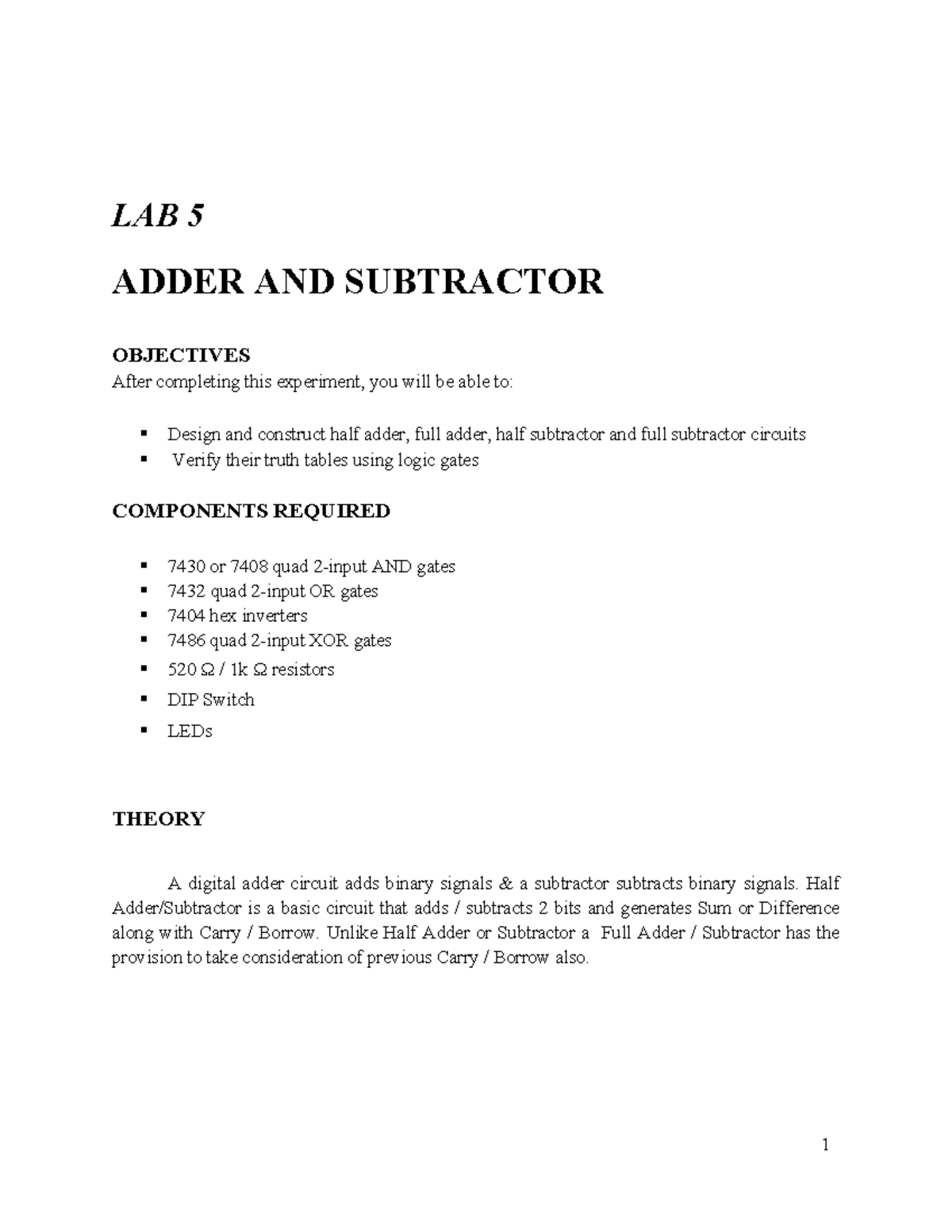 Lab # 5 - Adder and subtractor in digital logic Design - LAB 5 ADDER ...