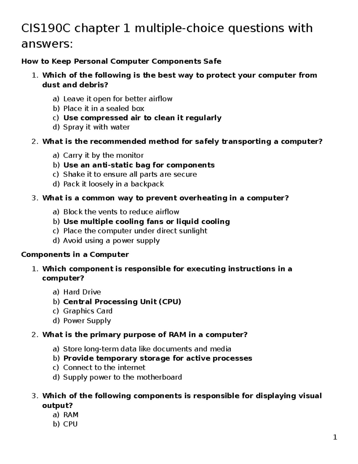 CIS190C Chapter 1 Practice Questions on Computer Safety and Components ...