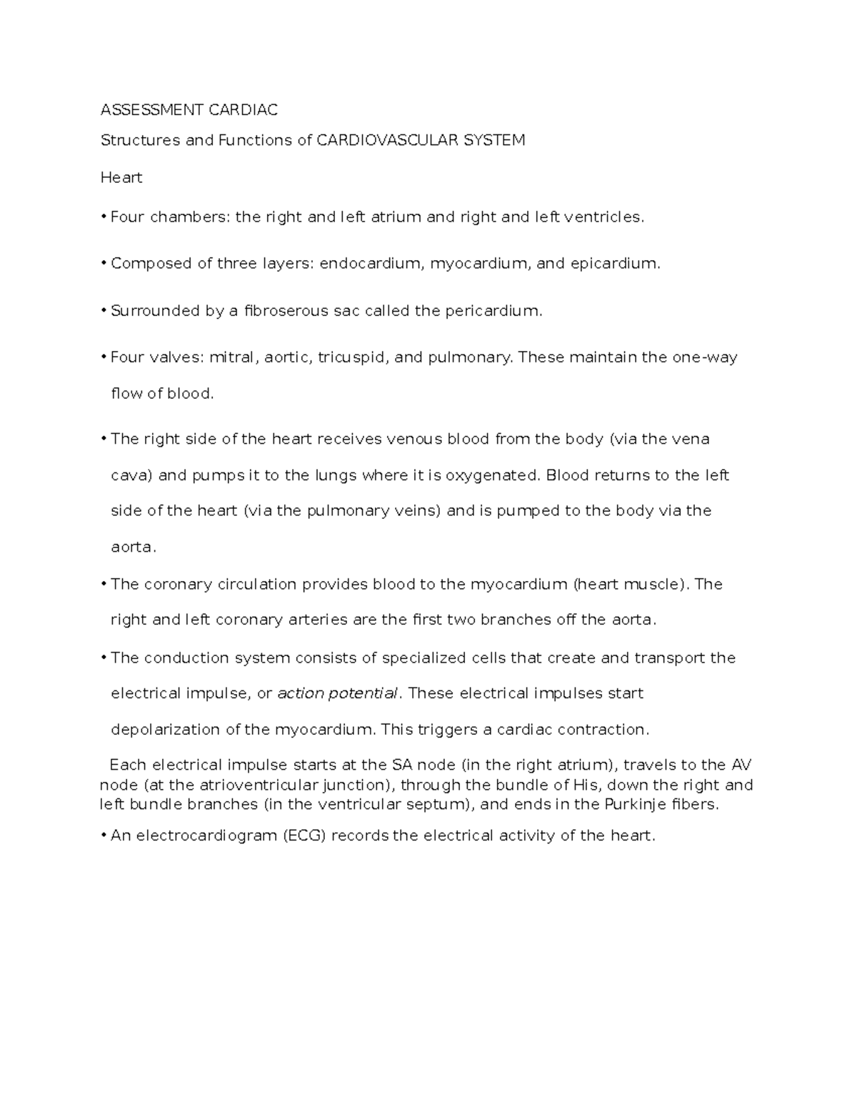 Assessment Cardiac - ASSESSMENT CARDIAC Structures and Functions of ...