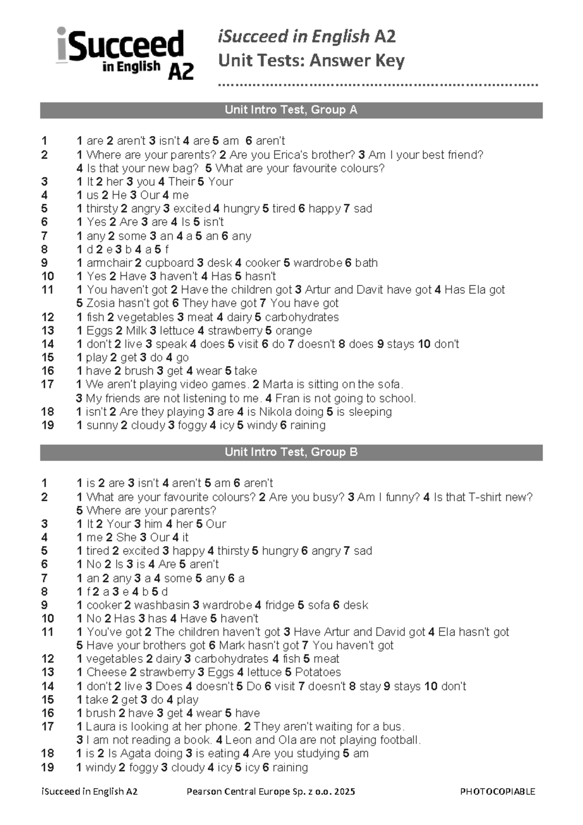 iSucceed in English A2 Unit Tests: Answer Key - Studocu