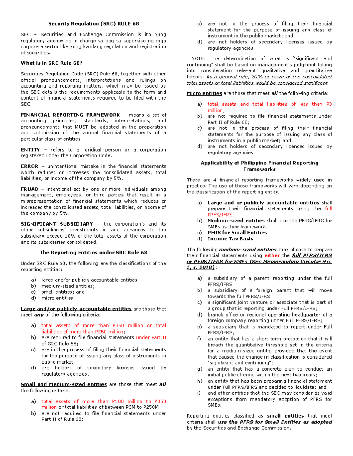SRC Rule 68: Financial Reporting Frameworks & SEC Requirements Notes ...