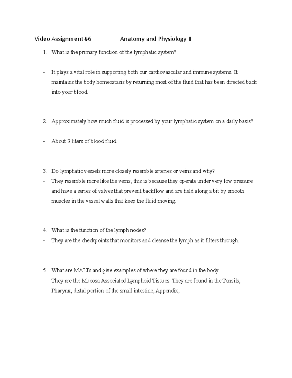 Anatomy & Physiology II: Lymphatic System Assignment Insights - Studocu