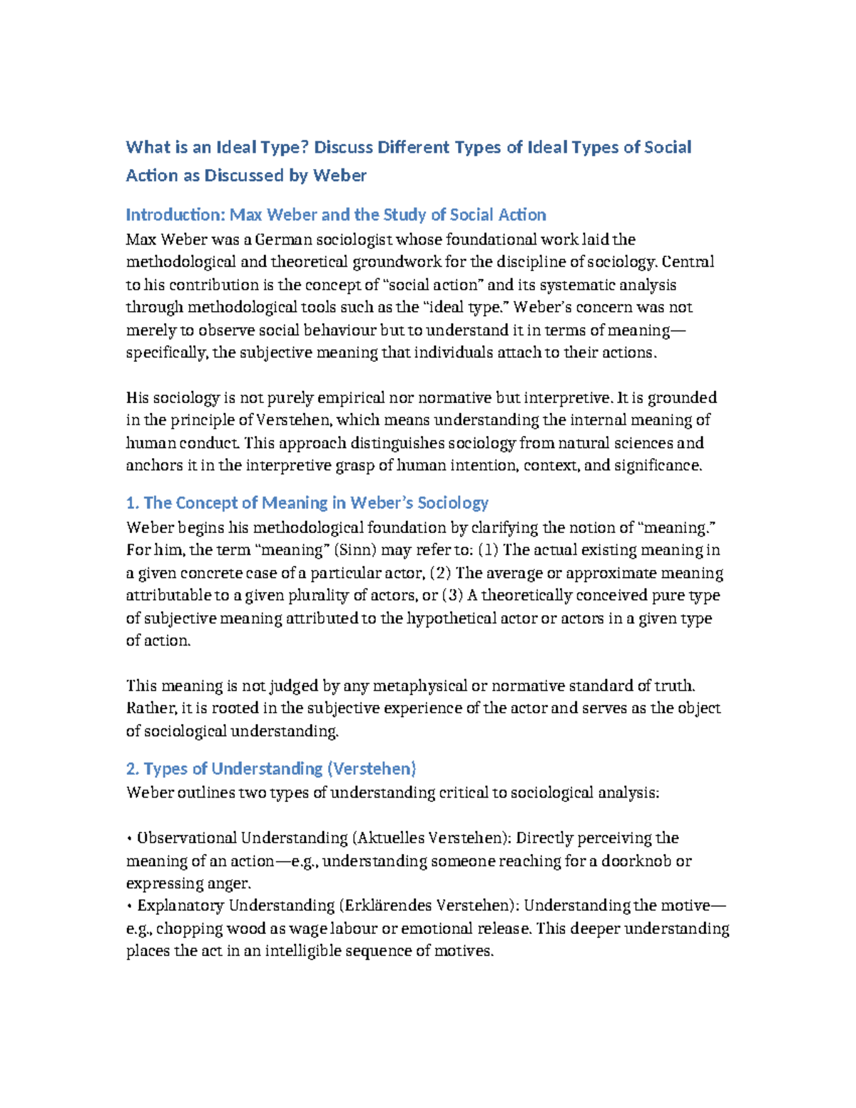 Weber's Ideal Types of Social Action: A Comprehensive Analysis - Studocu