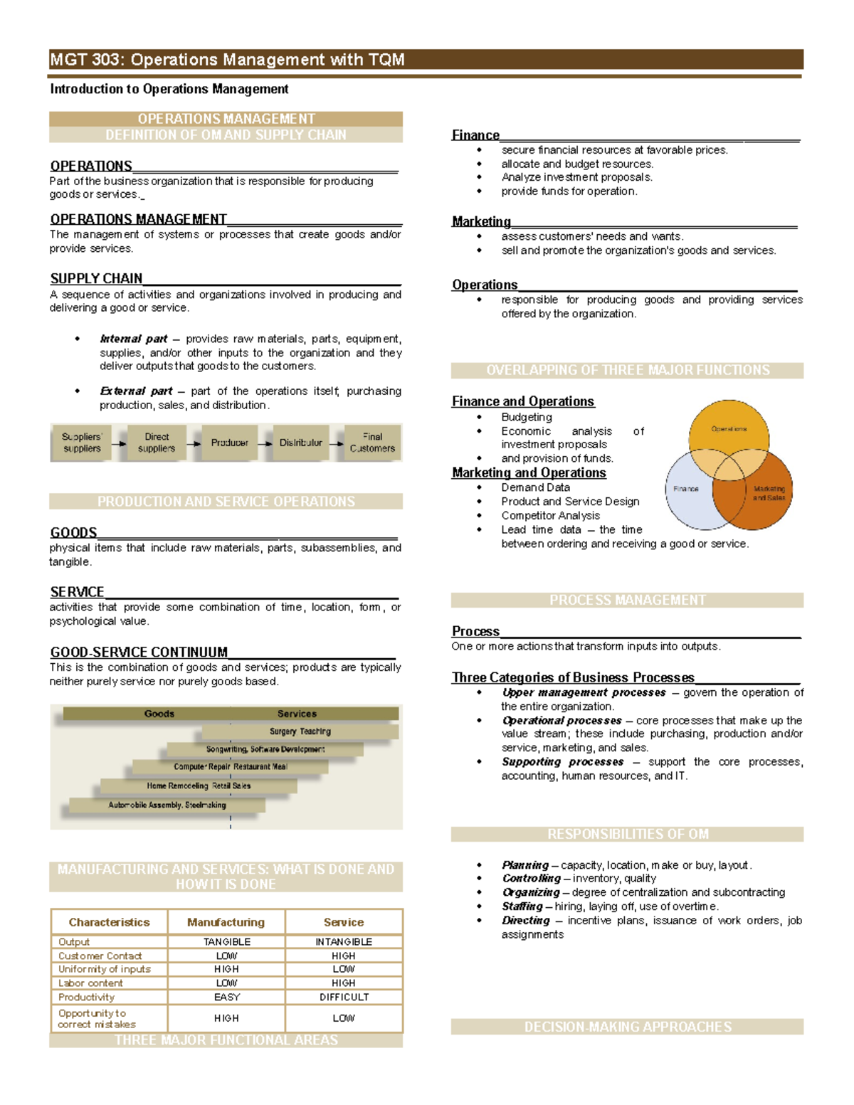 MGT 303: TQM Operations Management Chapter 1 Summary Notes - Studocu