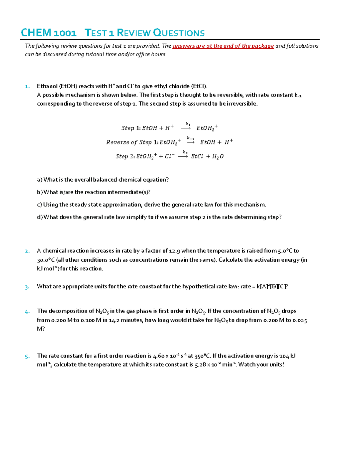 CHEM 1001 TEST 1 REVIEW QUESTIONS & EXTRA PROBLEMS - Studocu