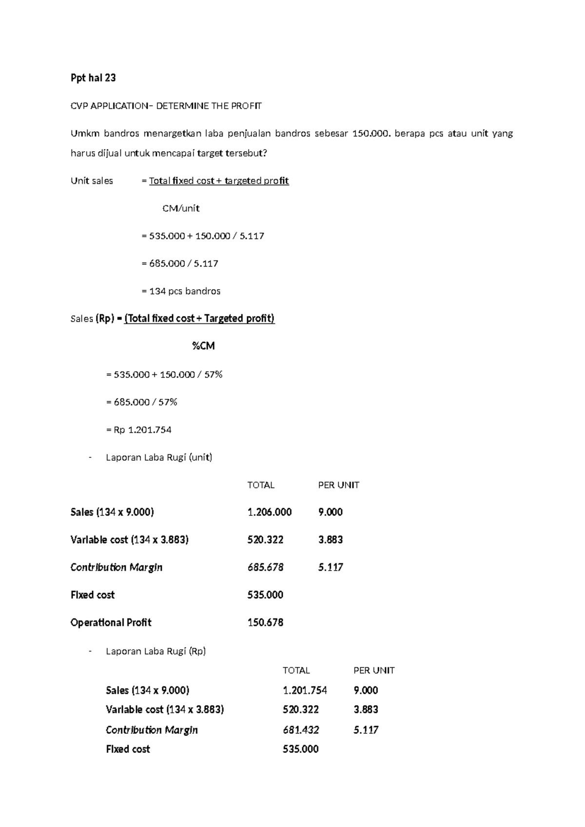 CVP Analysis and Profit Calculation for UMKM Bandros (PPT Hal 23-30 ...