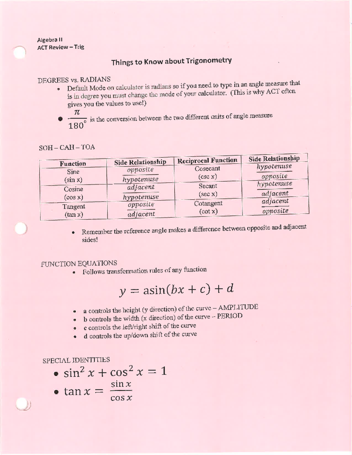 Assessment Review 1 - Extra Practice Worksheet for Trigonometry - Studocu